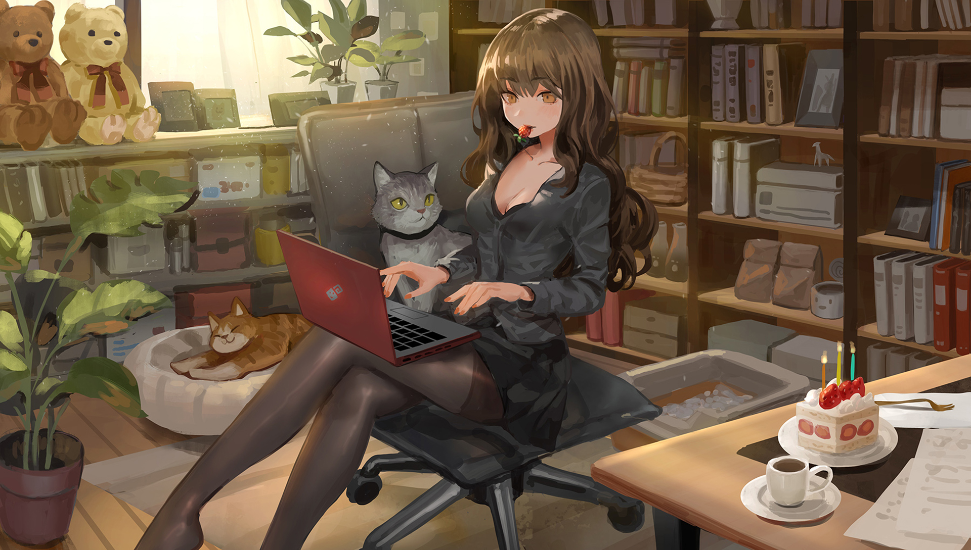 HD desktop wallpaper: Anime, Cat, Girl, Room download free picture