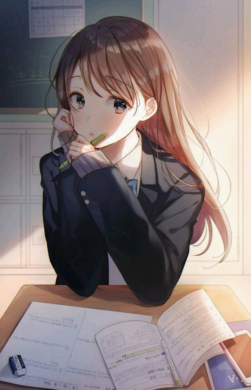Download Studying Anime Girl Phone Wallpaper