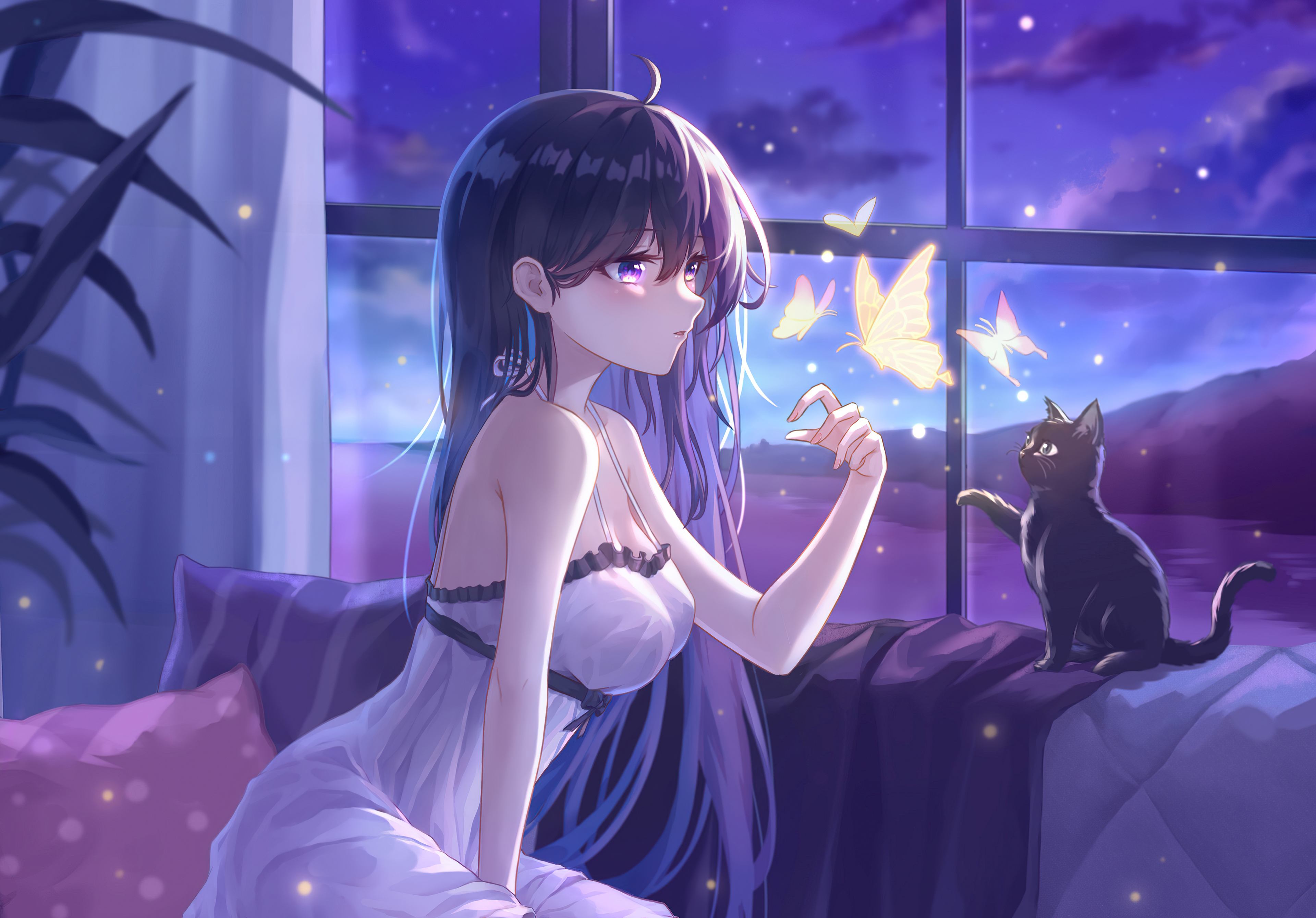 HD desktop wallpaper: Anime, Cat, Butterfly, Girl download free picture