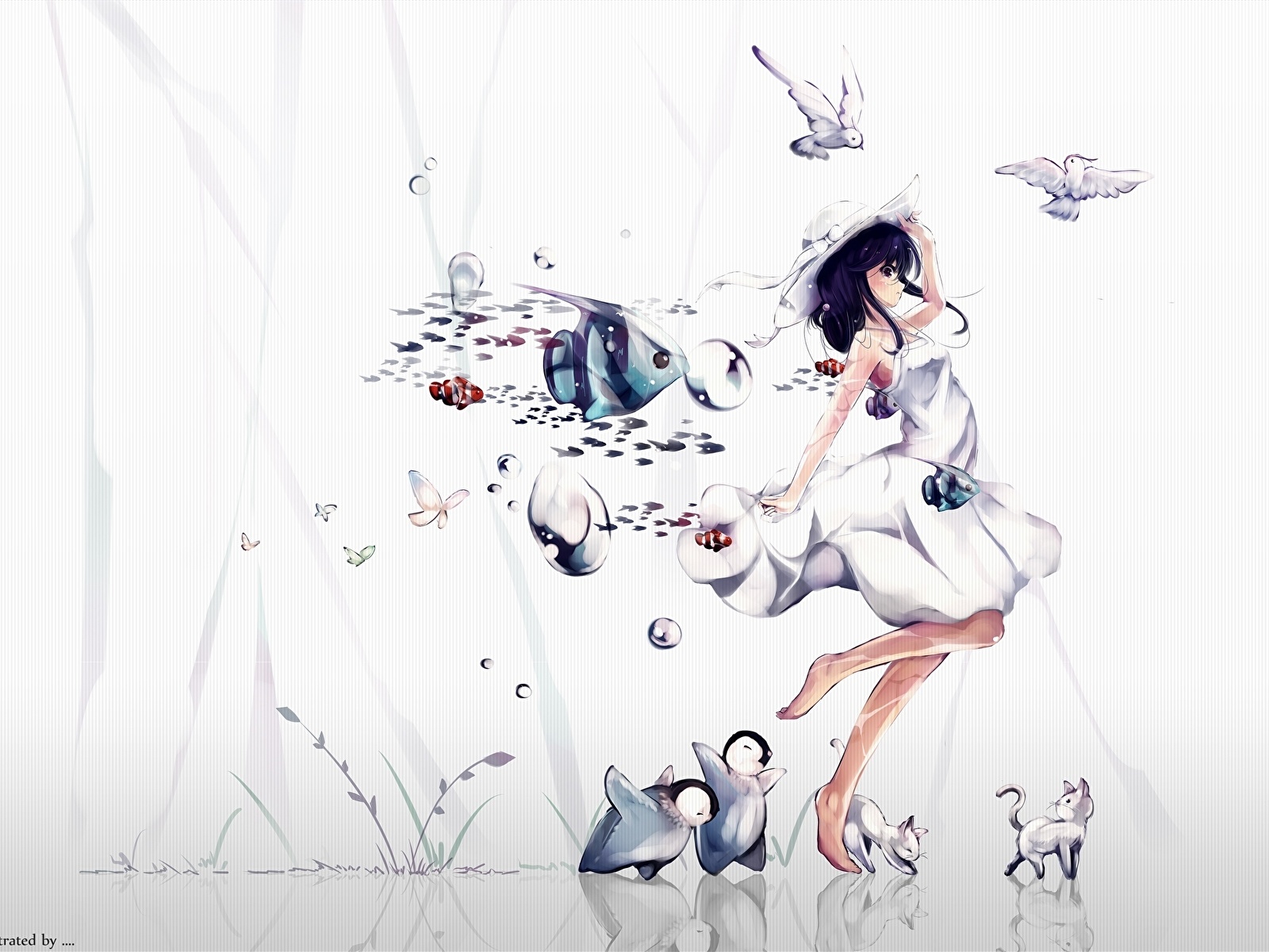 Desktop Wallpaper Fish Cats Penguins Anime Girls Dress 1600x1200