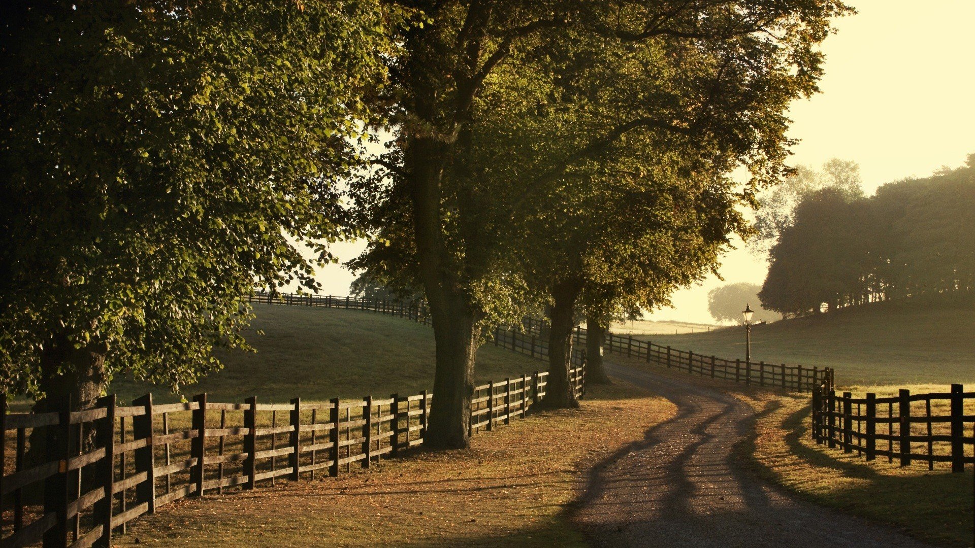 Landscapes trees fences fields paths rural wallpaperx1080