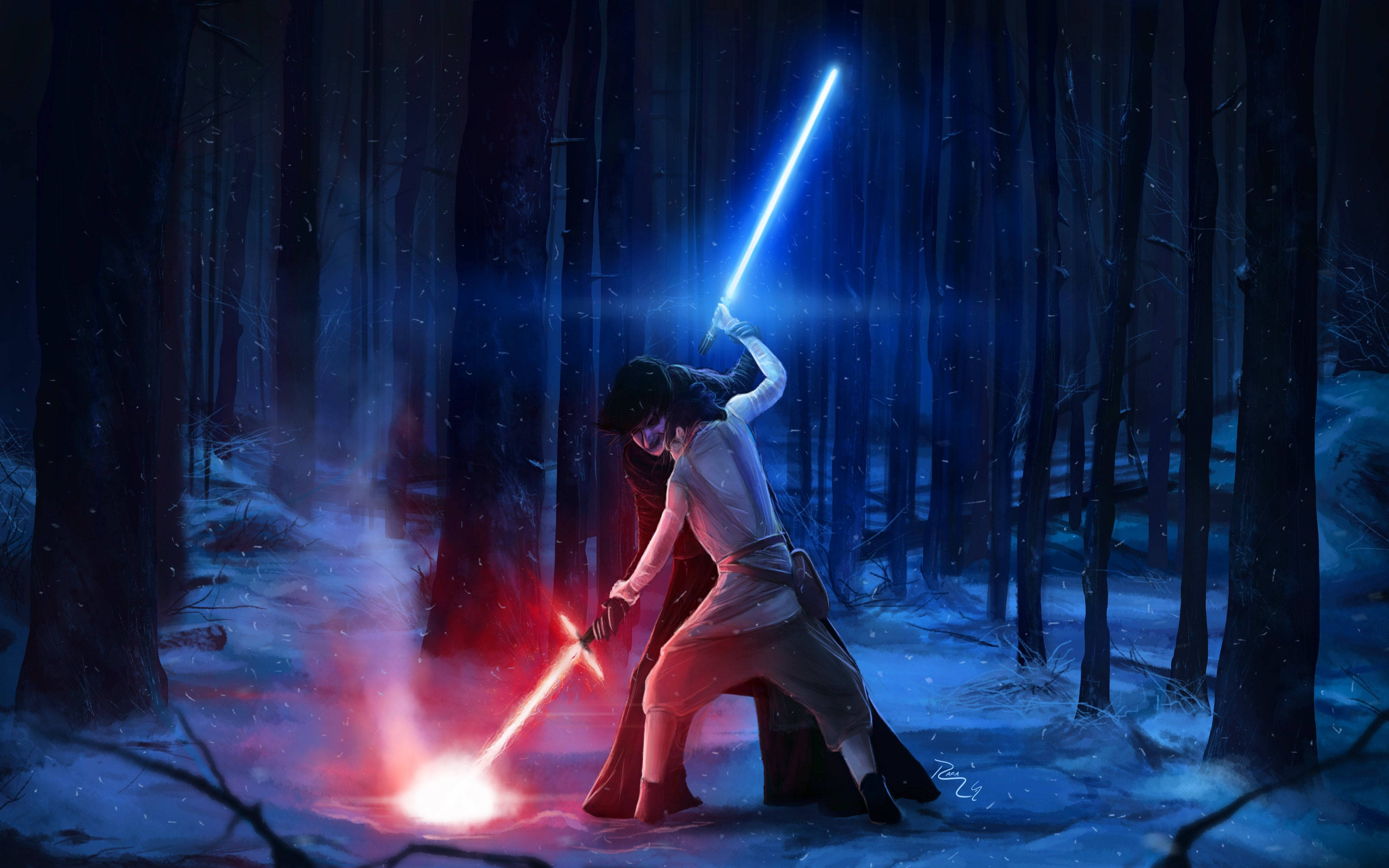 Download The Epic Space Battle Between Kylo Ren and Rey Wallpaper
