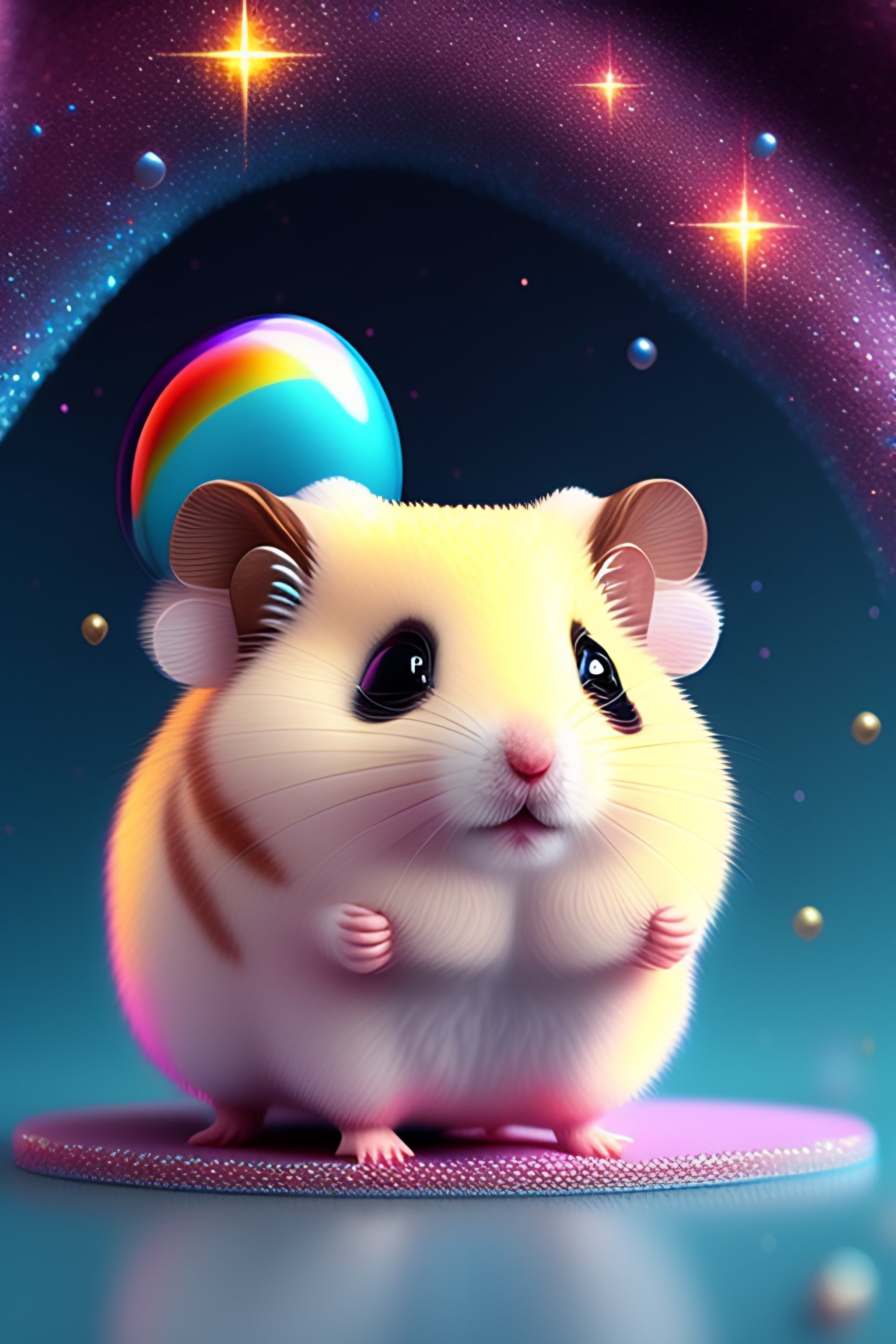 CUTE AND ADORABLE CARTOON FLUFFY HAMSTER, HEART, CANDY, SPACE, FANTASY, GLITTER, PARTY, DREAMLIKE, SURREALISM, SUPER CUTE, TRENDING ON ARTST
