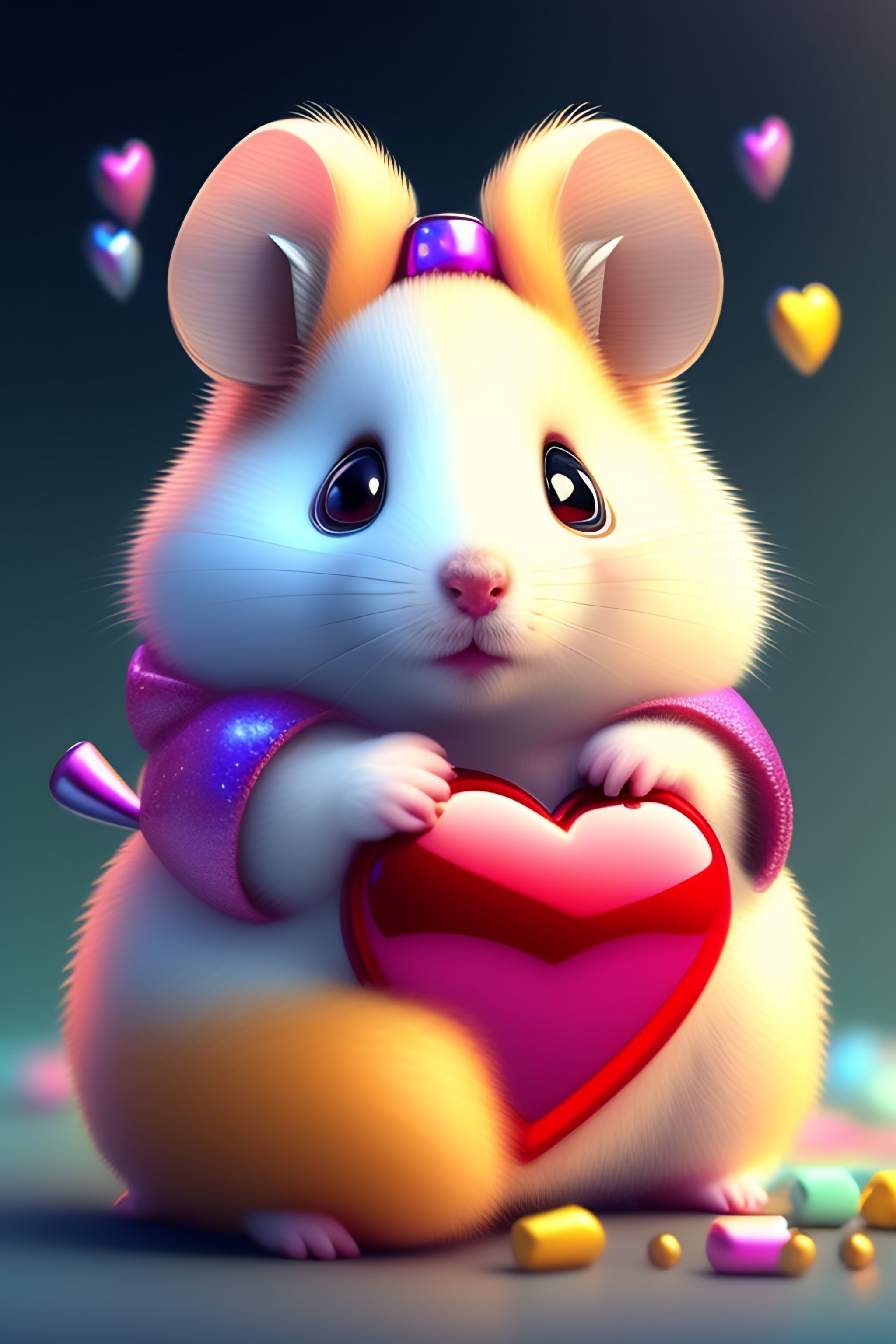 CUTE AND ADORABLE CARTOON FLUFFY HAMSTER, HEART, CANDY, FANTASY, GLITTER, PARTY, DREAMLIKE, SURREALISM, SUPER CUTE, TRENDING ON ARTSTATION