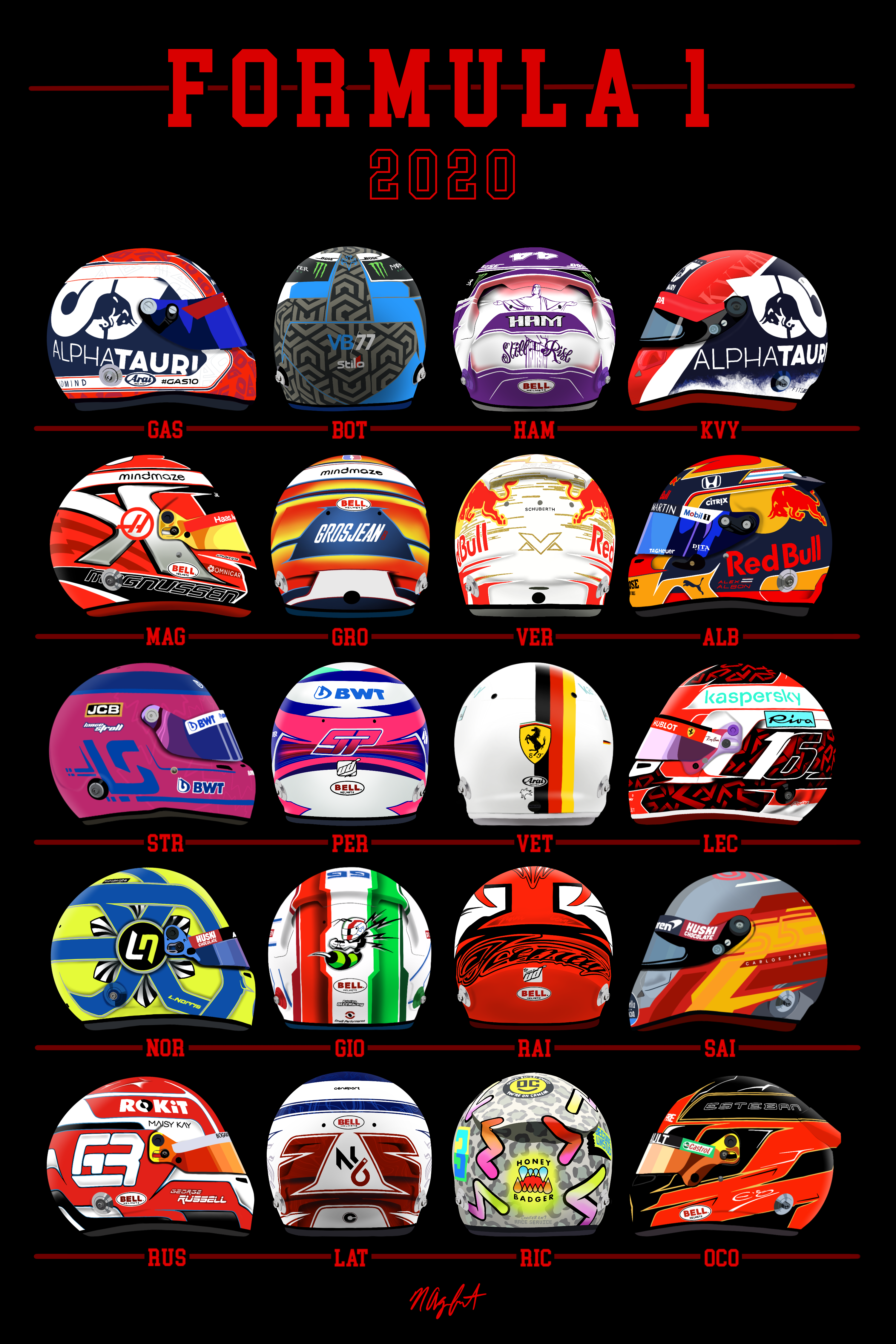 I drew every driver's helmet and made a Formula 1 2020 poster & wallpaper (other image in comments)