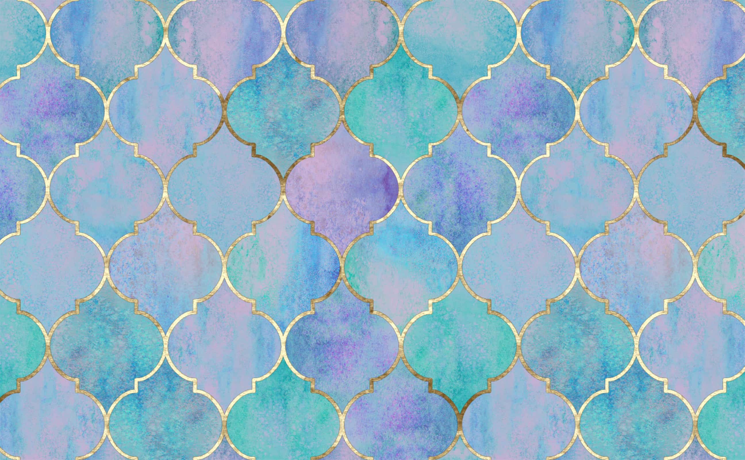 Purple Green and Blue Watercolor with Vintage Golden Moroccan Pattern Wallpaper for Walls