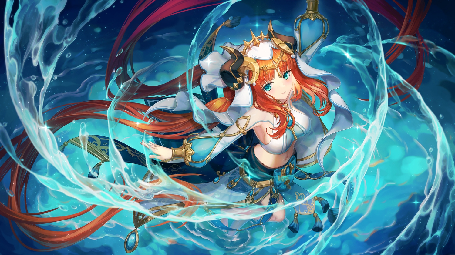 aqua eyes breasts genshin impact headdress horns long hair magic navel nilou (genshin impact) red hair sideboob signed ulquiorra0 water. konachan.com.com Anime Wallpaper