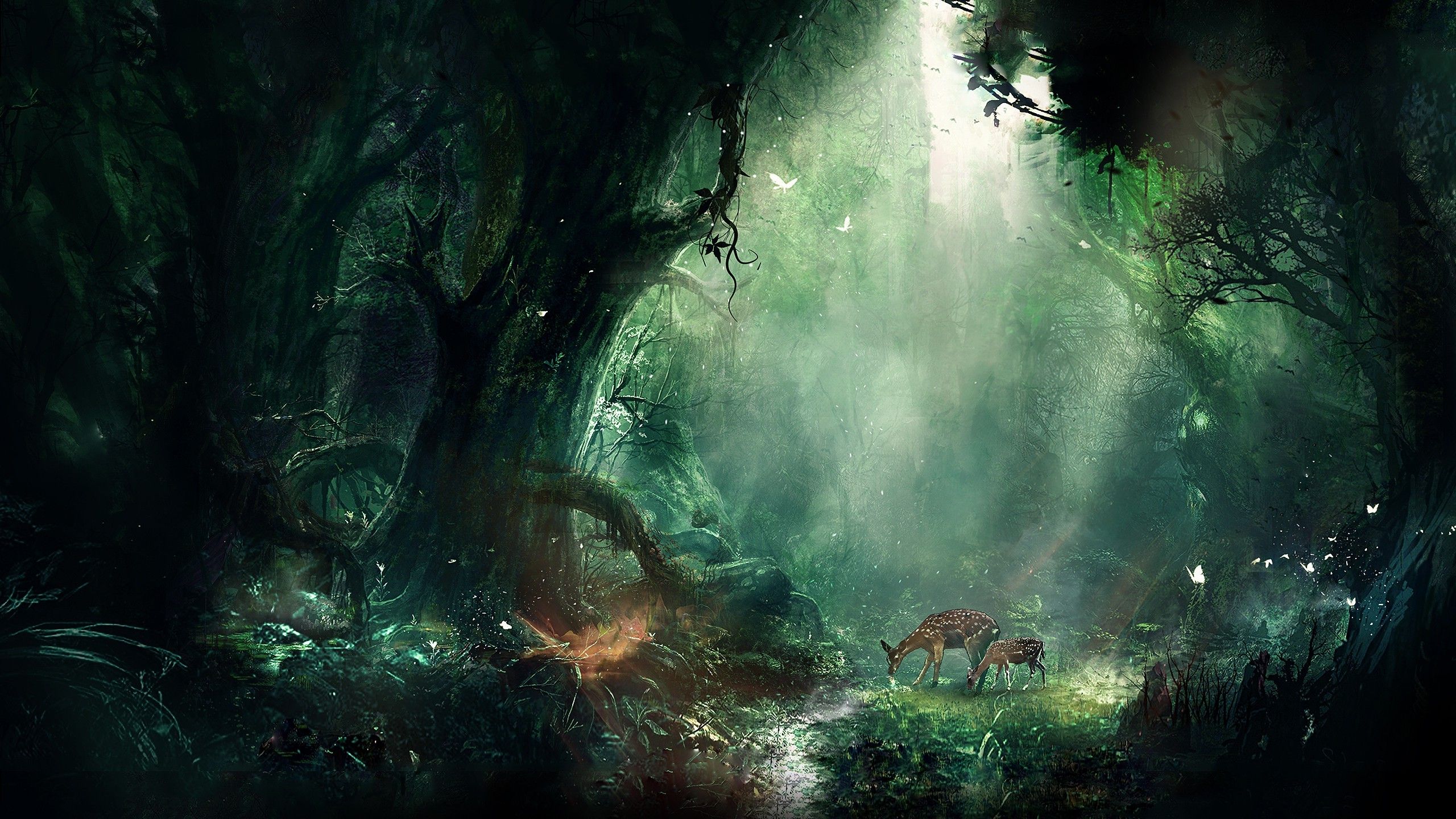 artwork, Digital Art, Fantasy Art, Deer, Forest, Nature Wallpaper HD. Forêt fantastique, Fond d'écran forêt, Papier peint jungle