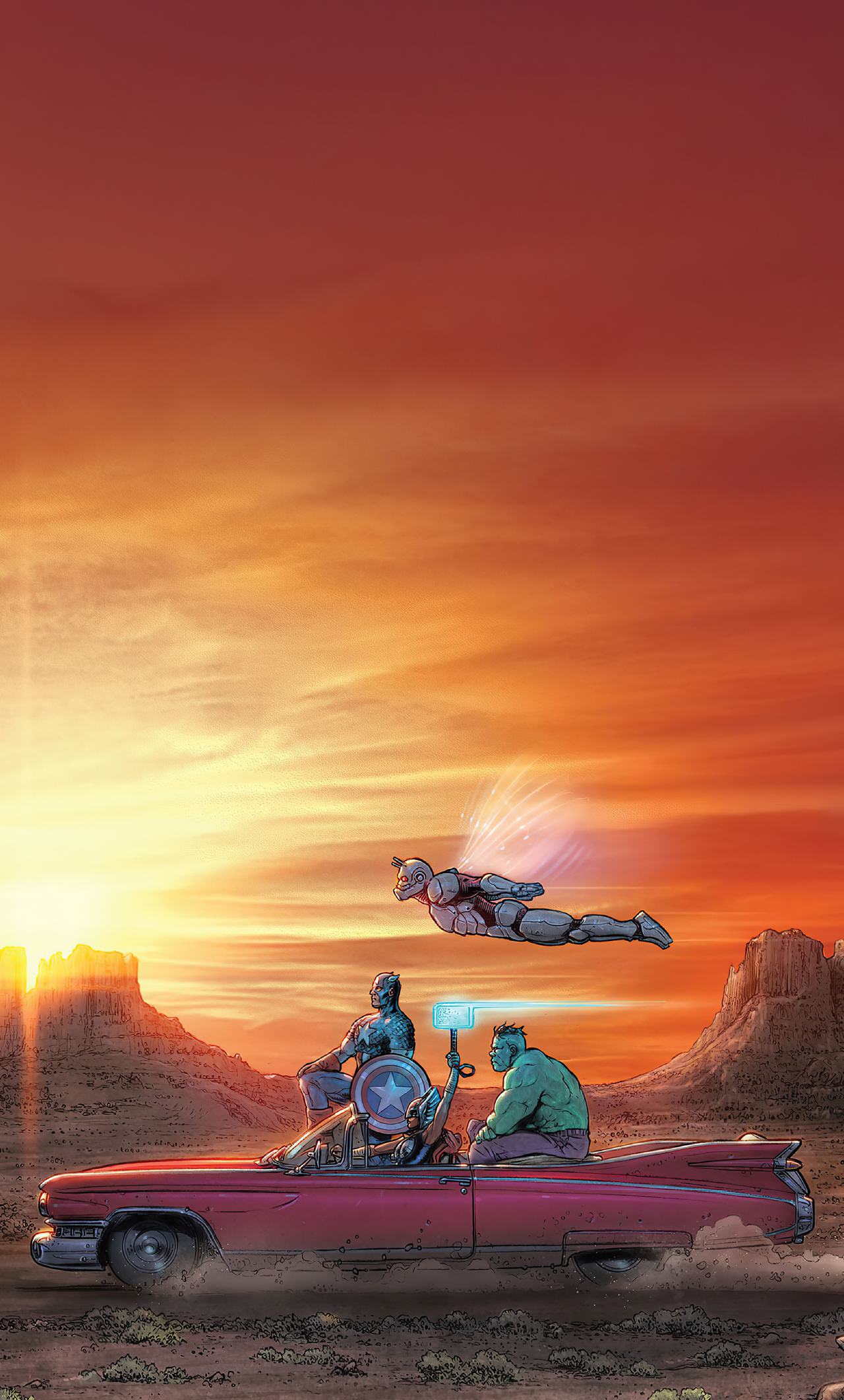 Marvel Heroes On Vintage Car iPhone HD 4k Wallpaper, Image, Background, Photo and Picture