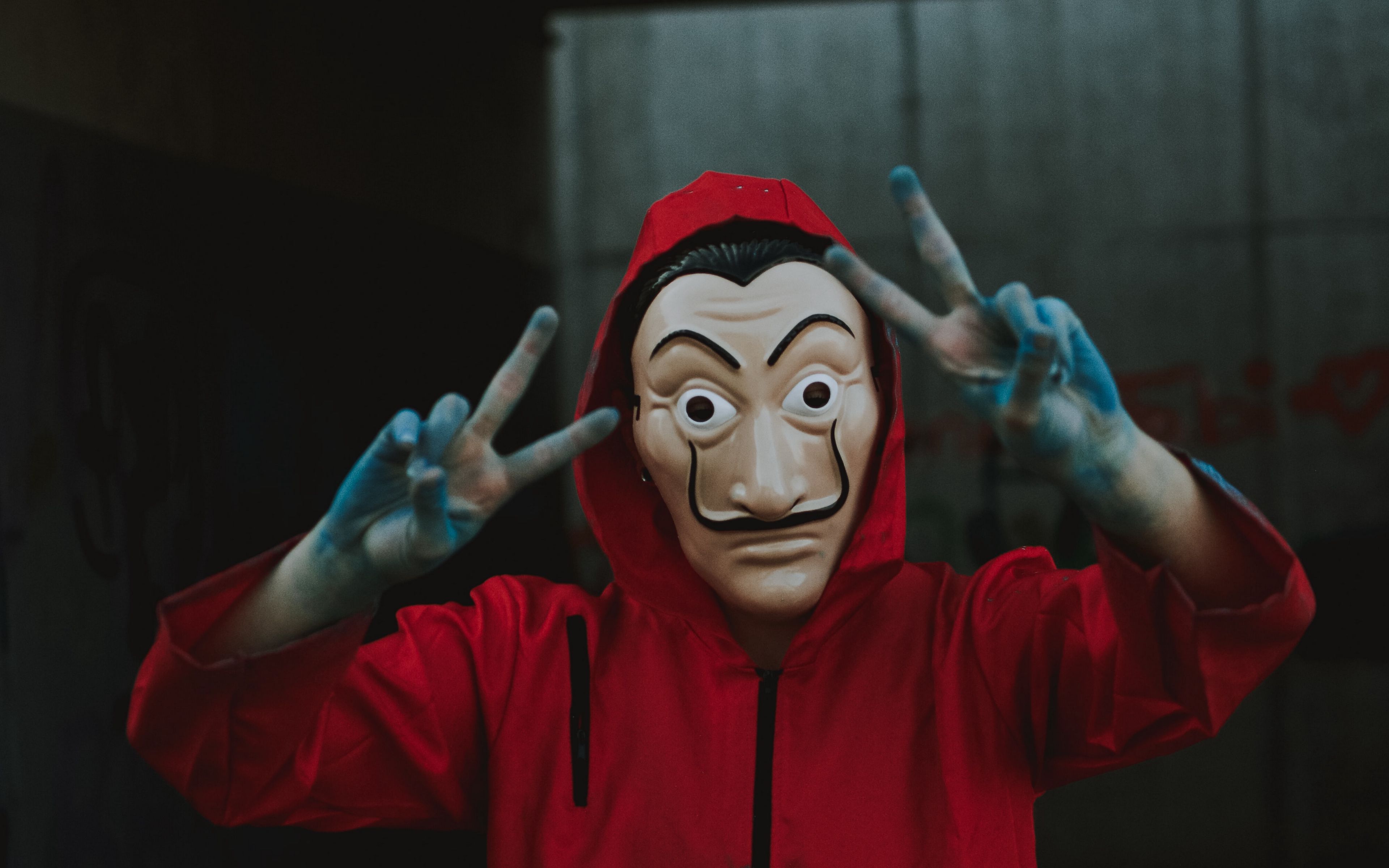 Download wallpaper 3840x2400 mask, hood, cloak, gesture, anonymous 4k ultra HD 16:10 HD background