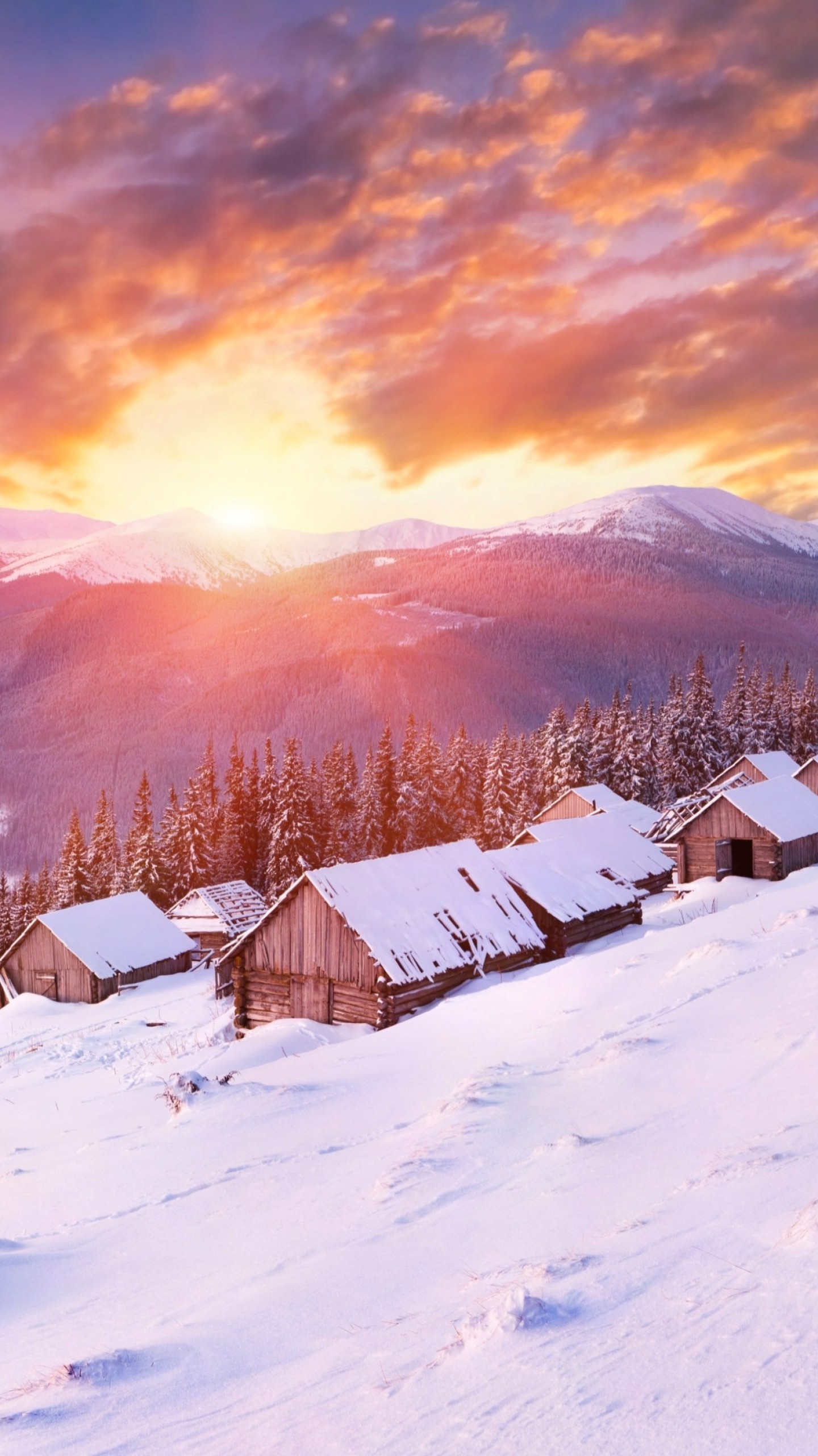 Wallpaper Mountains, 5k, 4k wallpaper, hills, sunset, snow, winter, house, OS
