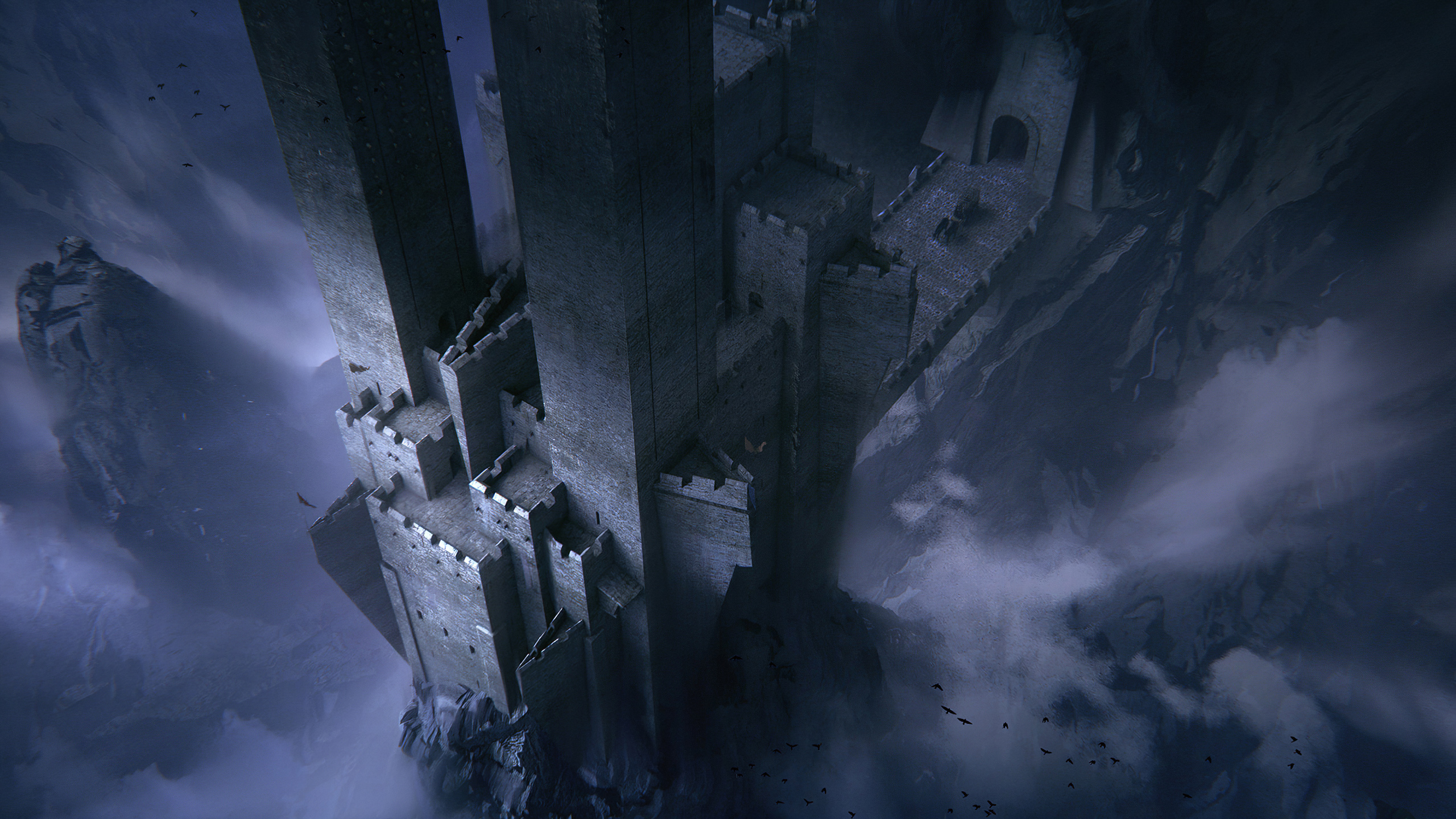 Wallpaper, concept art, Nikola Sinitsa, mist, castle, medieval, fantasy art 2560x1440
