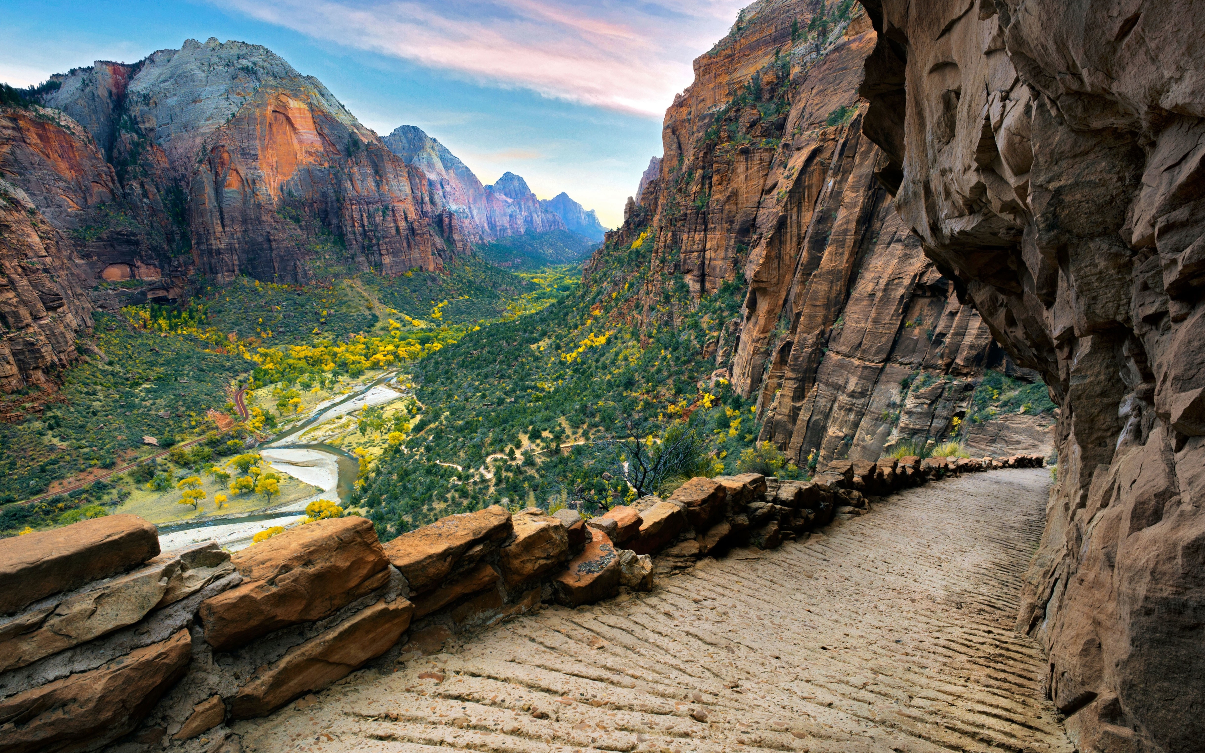 Download wallpaper 4k, Zion national park, valley, summer, cliffs, mountains, Utah, USA, America for desktop with resolution 3840x2400. High Quality HD picture wallpaper