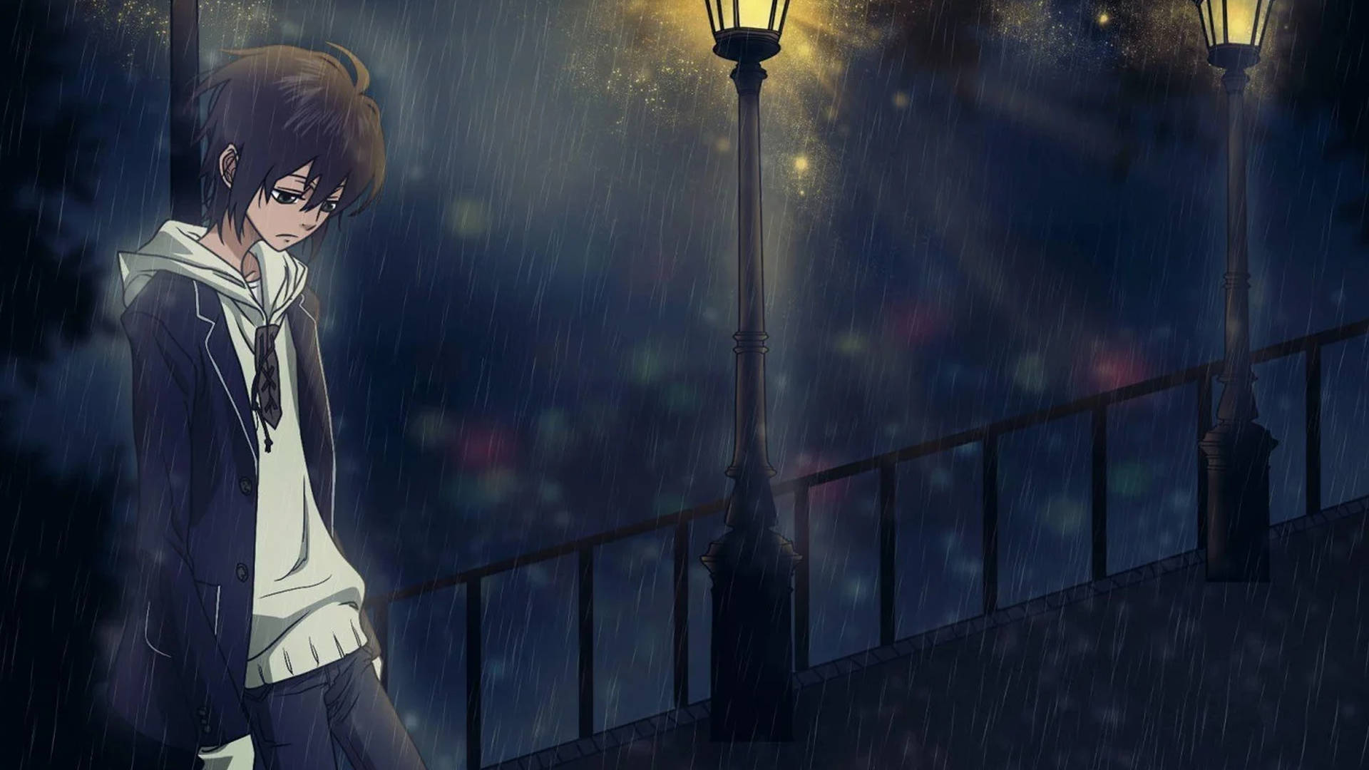 Download Sad Anime 4k Boy Leans Against Post Wallpaper