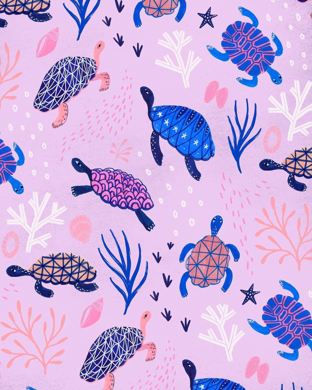 Turtles pattern pink hand drawn print. Cute desktop wallpaper, Cute wallpaper background, Turtle background