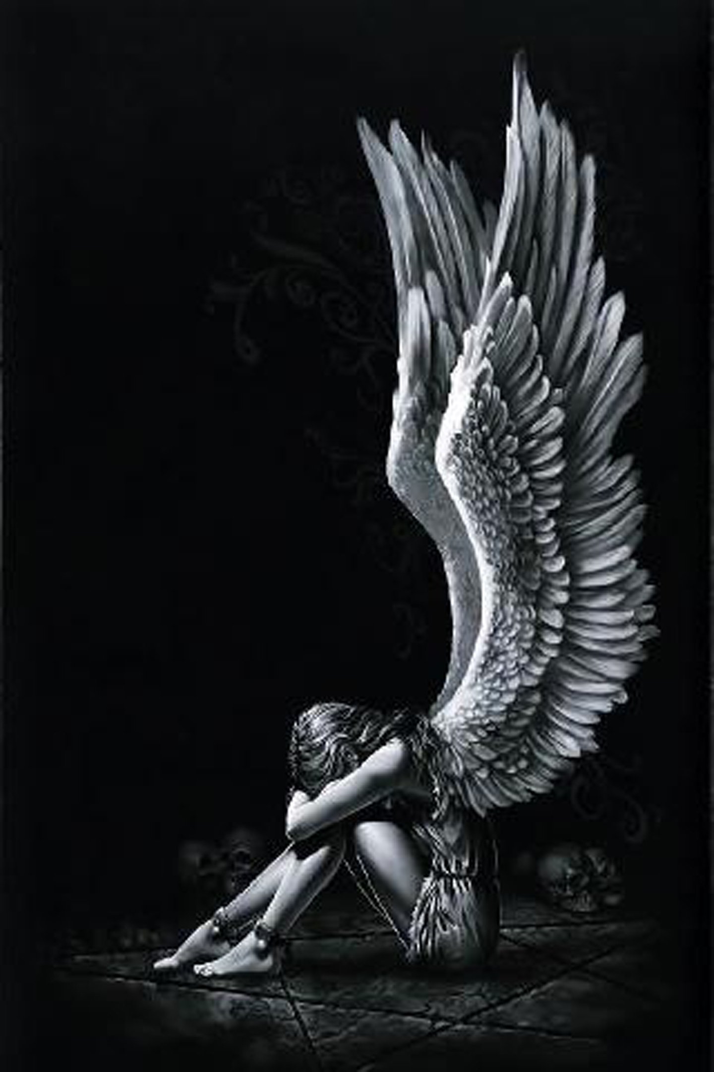 Angel girl wings fantasy alone light black white wallpaperx2160