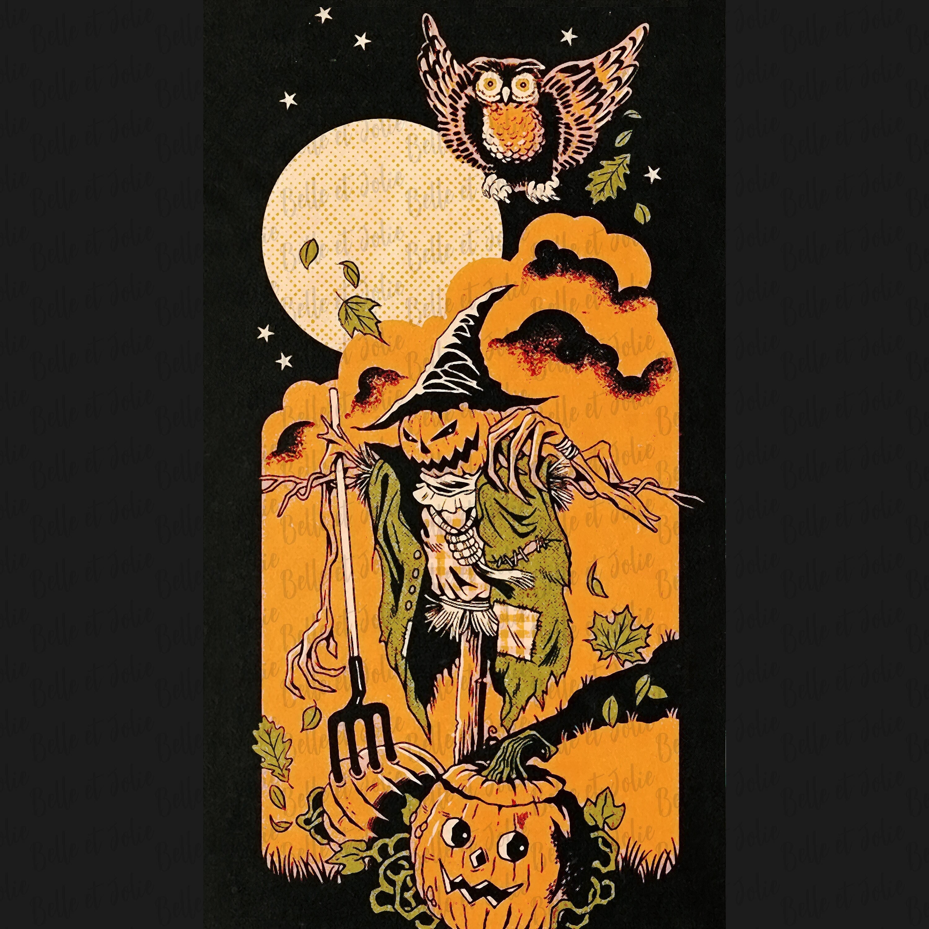 Vintage Halloween Image Scarecrow Pumpkin Owl HALLOWEEN Art