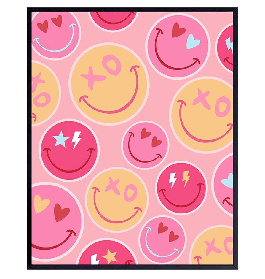 Smiley Face Wall Art Poster 8x10 Art & Design Pink Yellow Retro Smile Preppy Wall Art & Decor art Aesthetic Indie Trippy Home Decor print