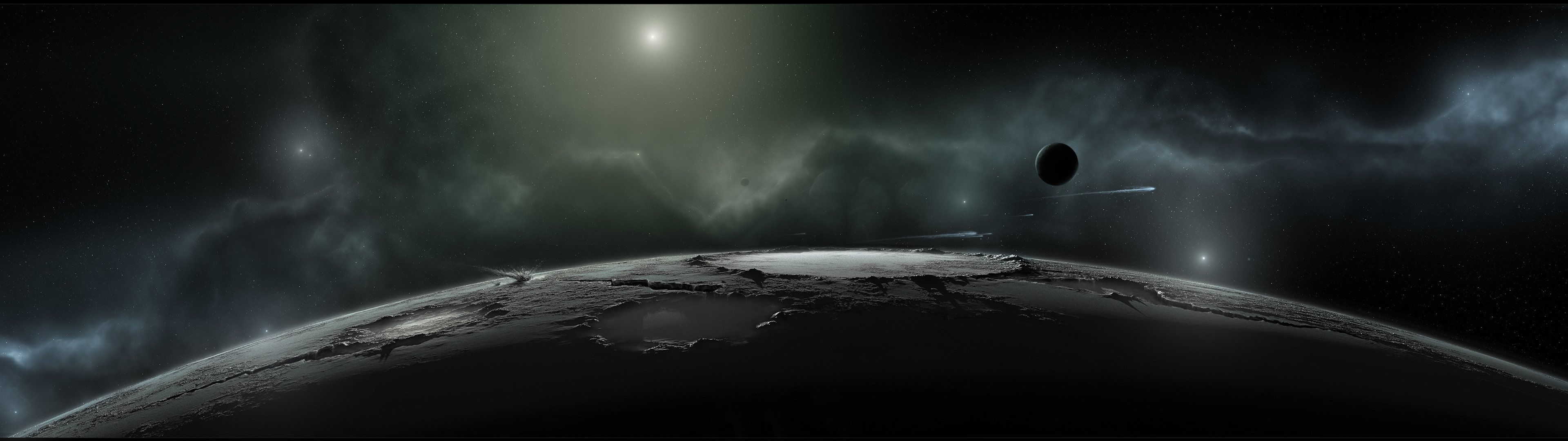 Download wallpaper surface, nebula, planet, satellite, stars, comet, crater, 3840x1080, section space in resolution 3840x1080