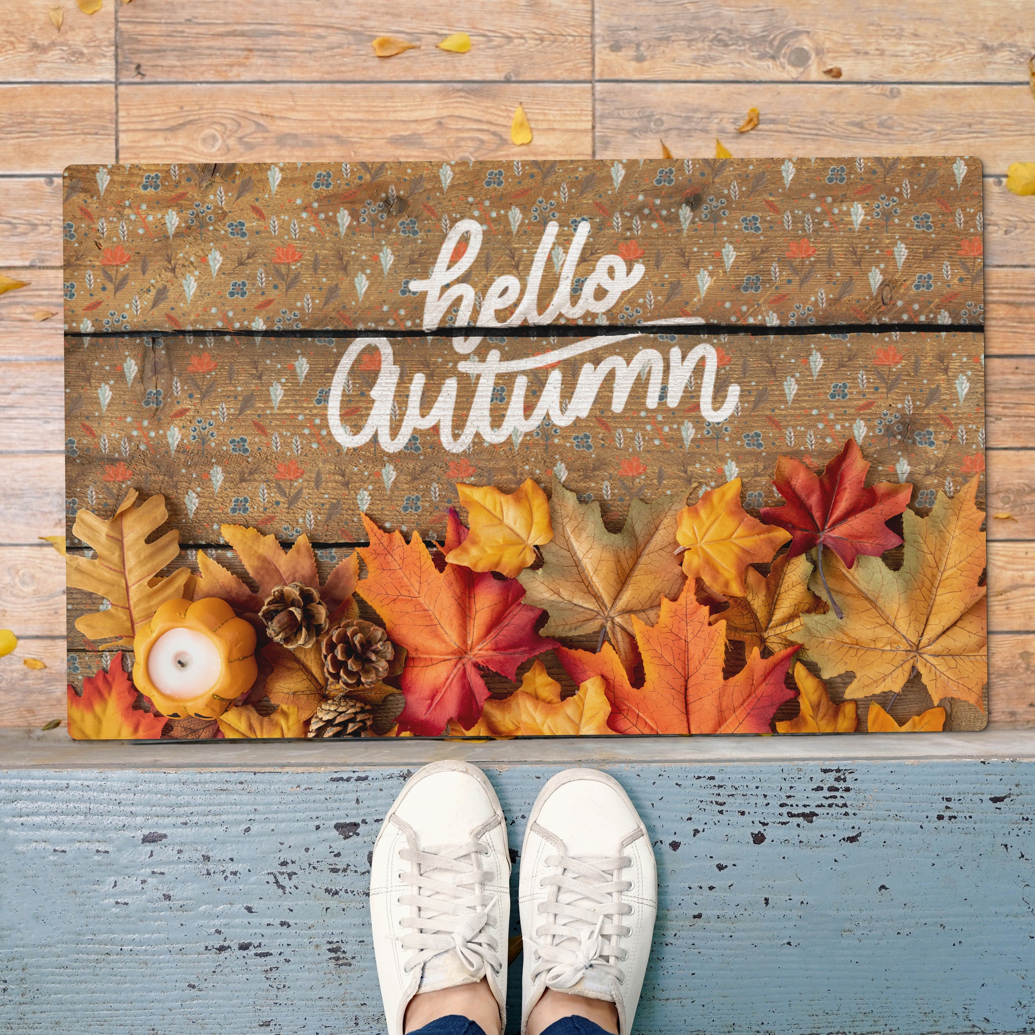 Hello Autumn Welcome Doormat, Fall Leaves Themed Door Mat, Autumn Seas