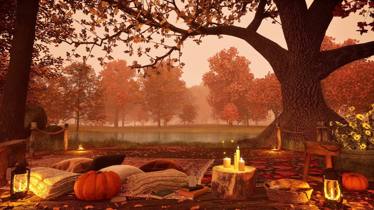 Cozy Autumn Ambience under the Autumn Trees In the Forest River Sound with Birdsong
