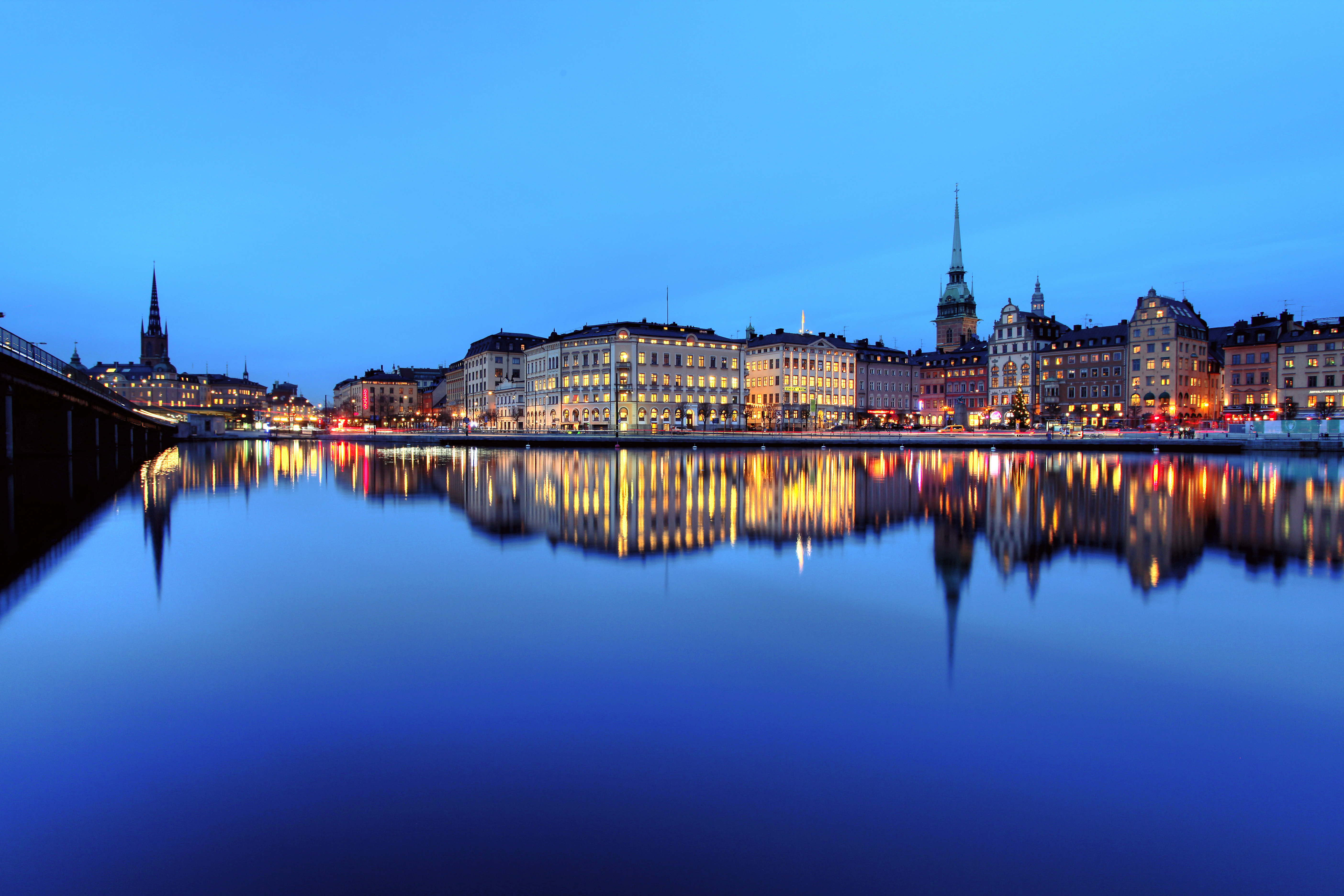 HD desktop wallpaper: Cities, Water, Night, City, Building, Reflection, Stockholm, Sweden, Man Made download free picture