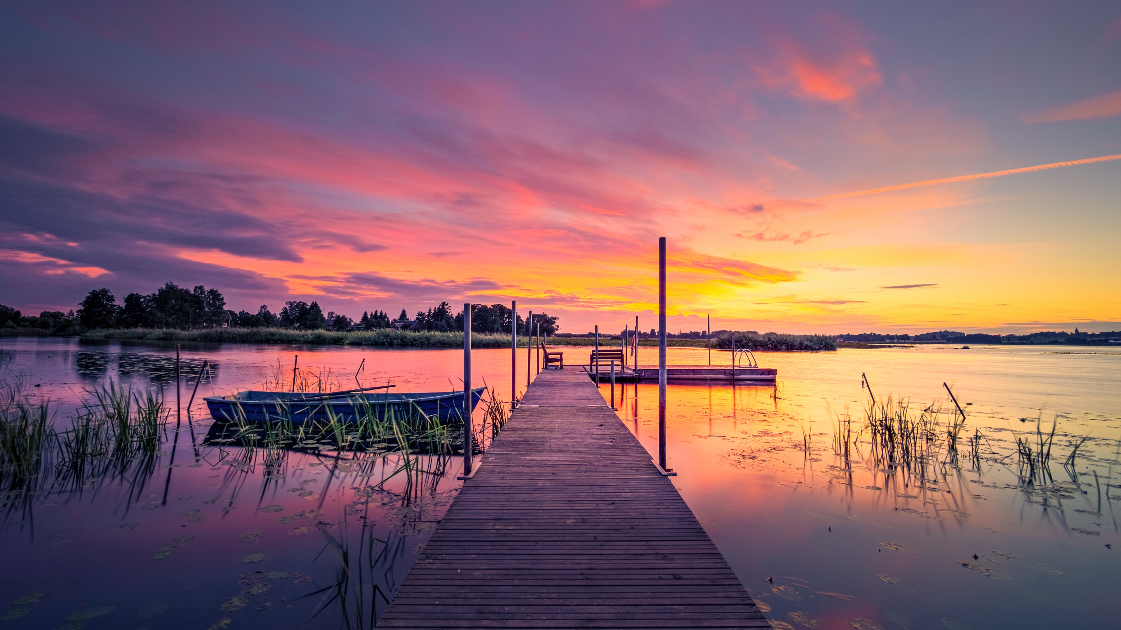 Sunset Wallpaper 4K, Sweden, Lake, Twilight