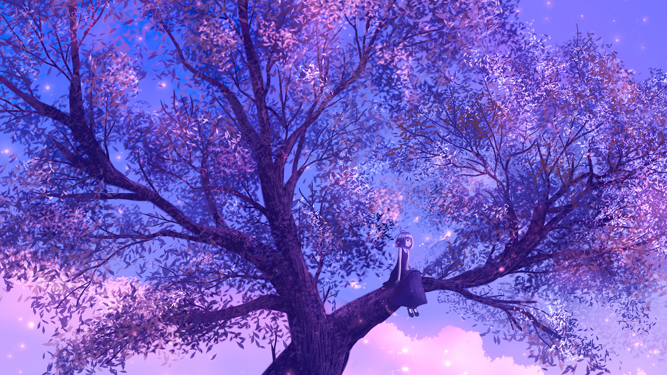 Anime Girl Sitting On Purple Big Tree 4k 1440P Resolution HD 4k Wallpaper, Image, Background, Photo and Picture