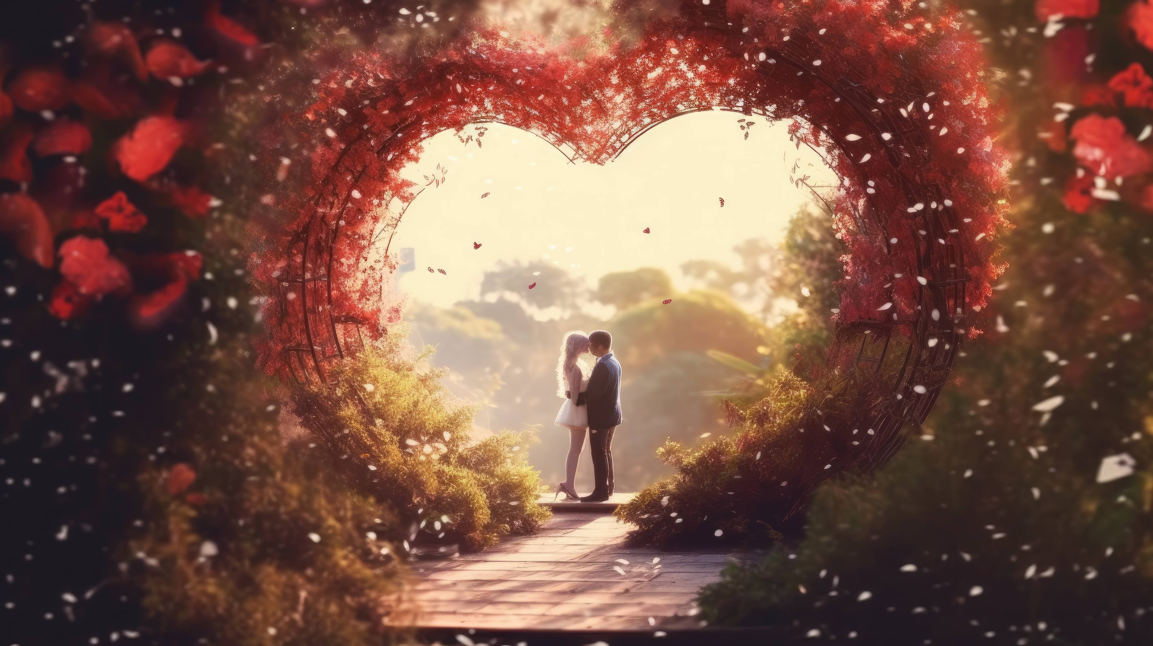 A 4K Ultra HD Wallpaper Of A Heart Shaped Arch Made Of Flowers, With A Couple Standing Under The Arch And Kissing