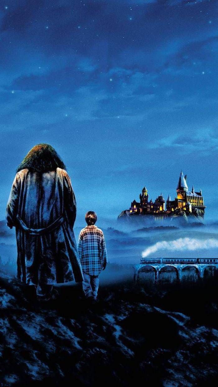 Painting Of Hagrid And Harry Harry Potter Phone Wallpaper Standing On A Rock Looking At Hogwarts. Harry Potter Wallpaper, Harry Potter, Harry Potter Background
