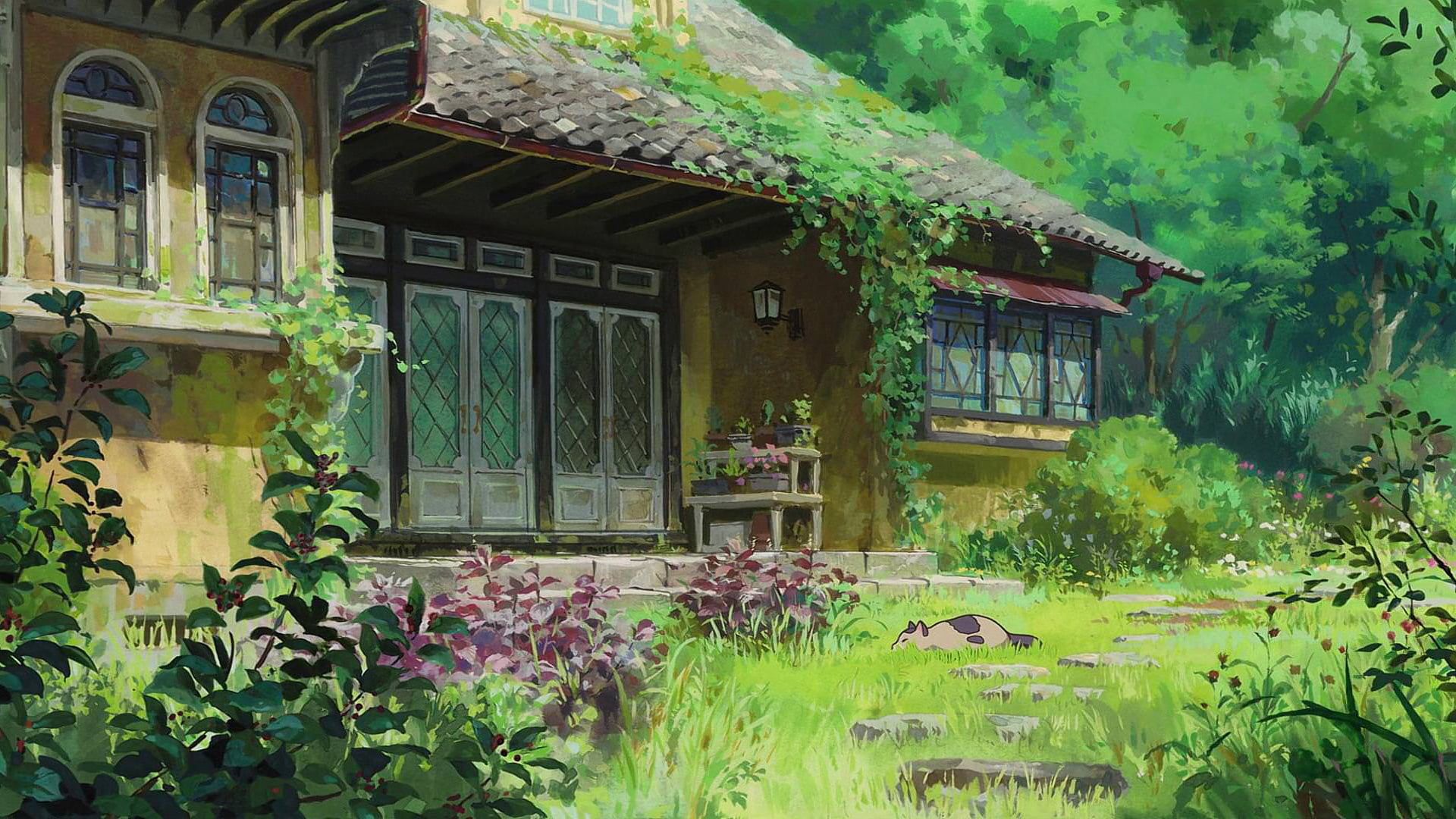 brown and yellow house beside tall trees and plants painting #house #cat white flowers Karigurashi no Arrietty P #w. Art studio ghibli, Cenário anime, Ghibli