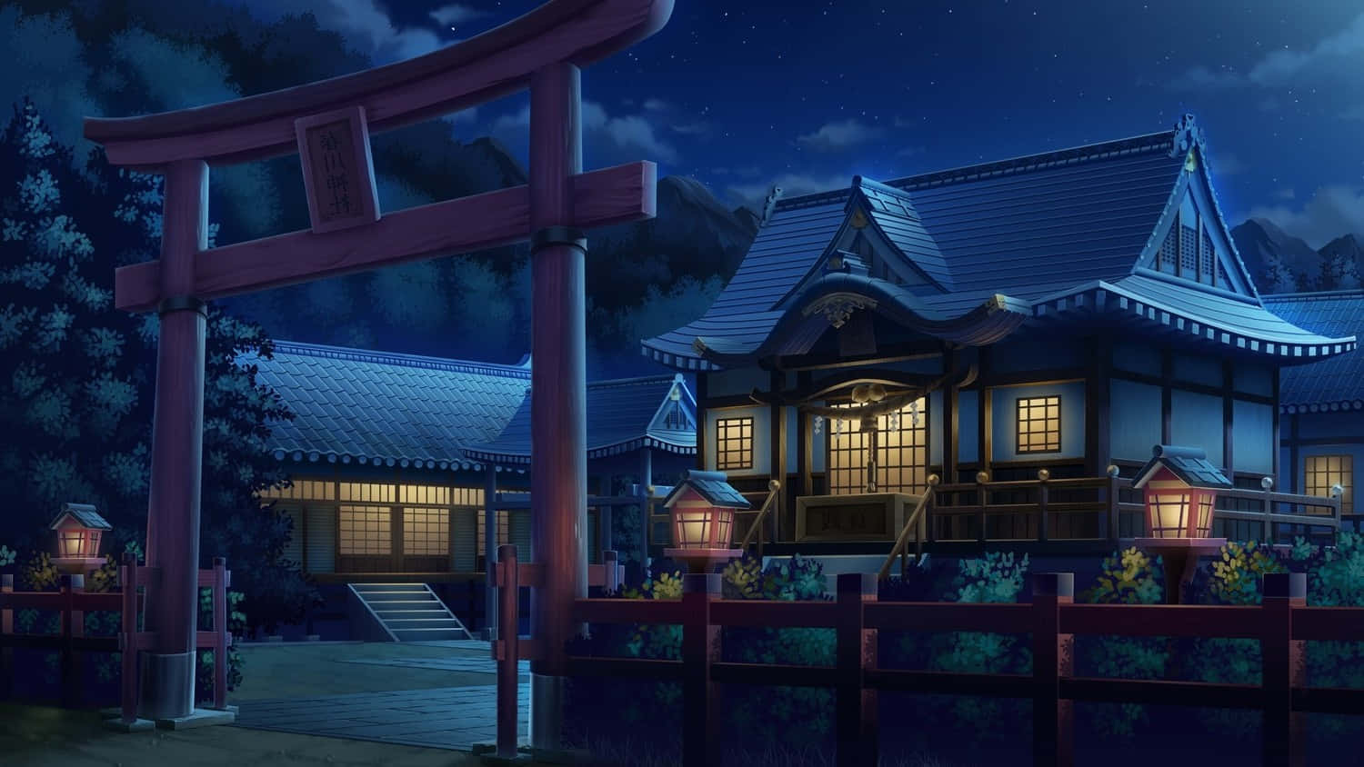 Download Traditional Japanese Houses Night Anime Wallpaper
