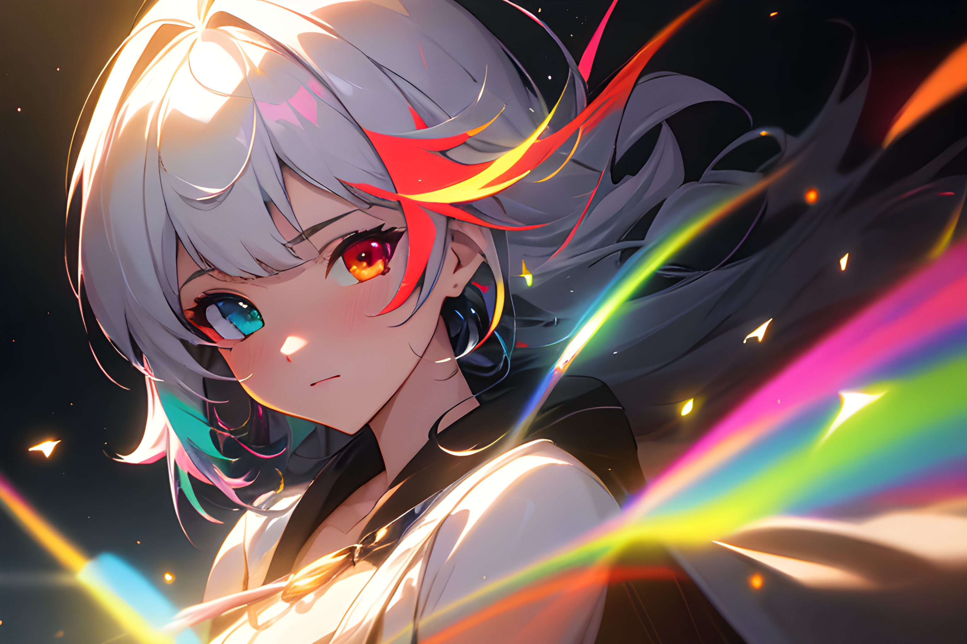 ai art, cute, princess, space queen, rainbow, different colored eyes, white hair, hd