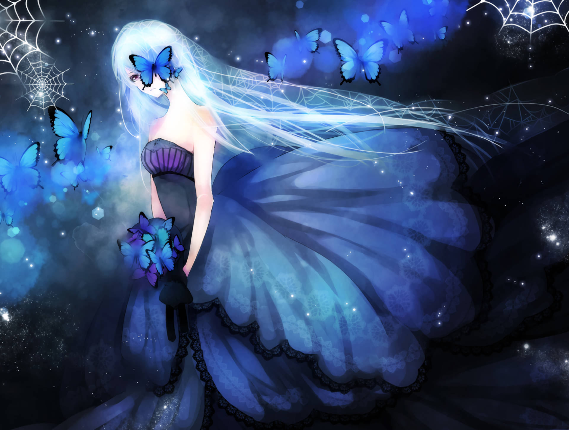 Download Blue Butterfly White Anime Girl Wallpaper