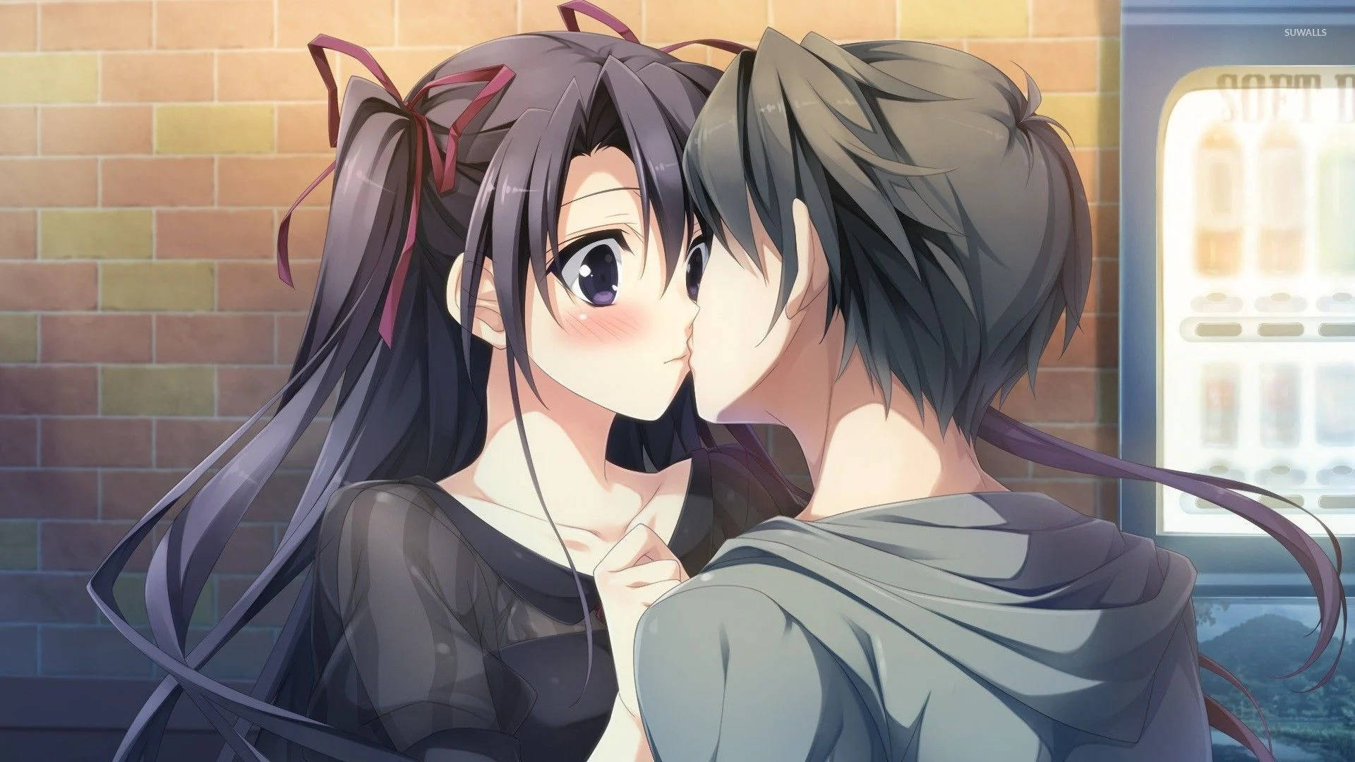 Download Cute Anime Couple Kiss Against Brick Wall Wallpaper