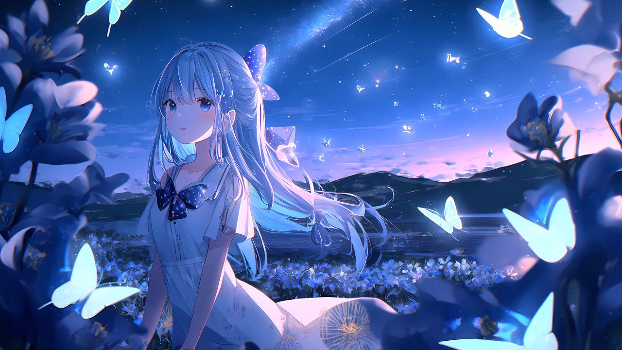 Wallpaper girl, butterflies, night, anime hd, picture, image