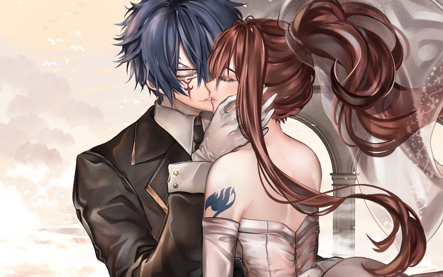 Download wallpaper 1440x900 anime, kiss, couple, erza scarlet, jellal fernandes, fairy tail, artwork, 1440x900 widescreen 16:10 HD background, 18160