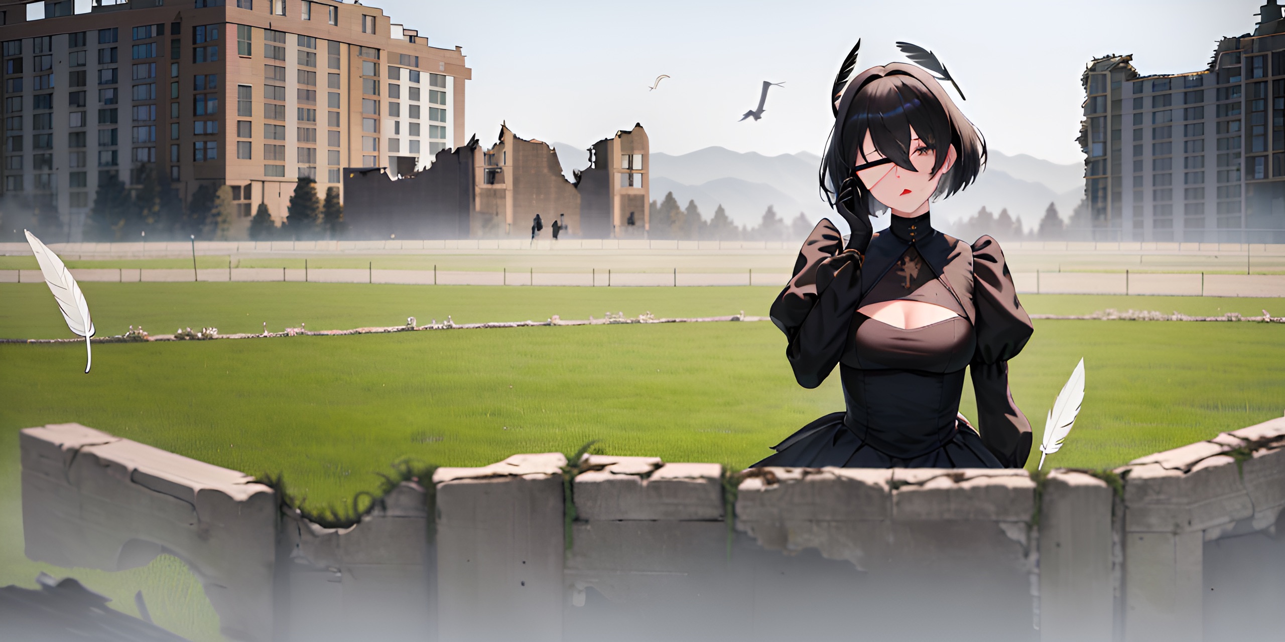 Wallpaper, anime games, anime girls, grass, sky, clouds, blindfold, feathers, short hair, gloves, looking at viewer 2560x1280