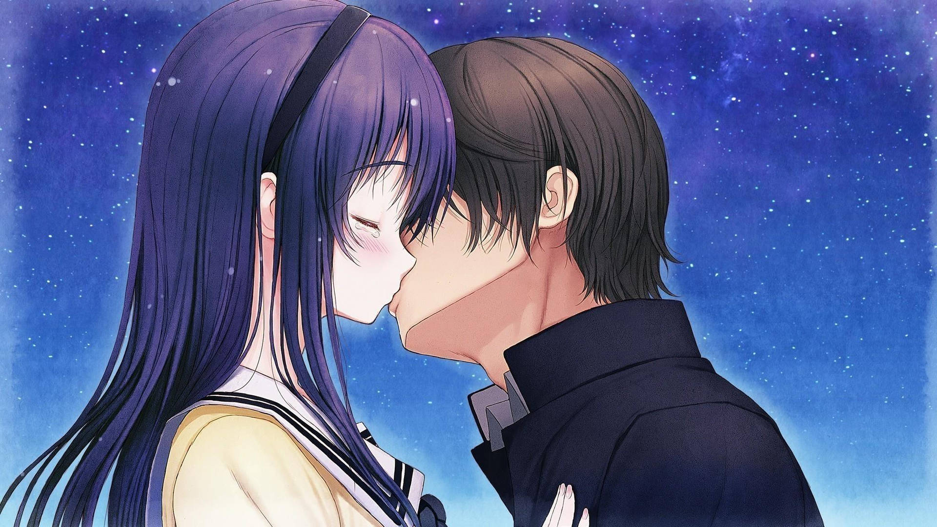 Download Anime Couple Kiss Under Starry Night Sky Wallpaper