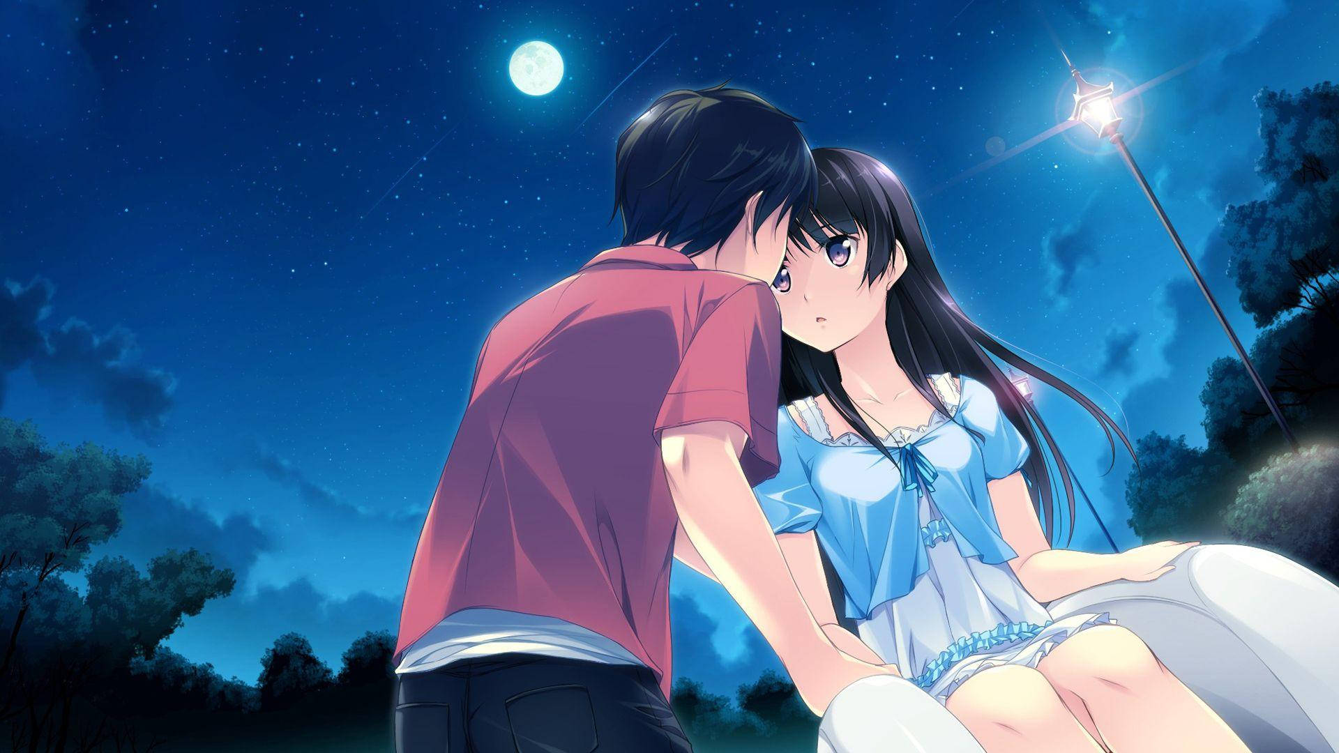 Download Couple Kissing During Nighttime Love Anime Wallpaper