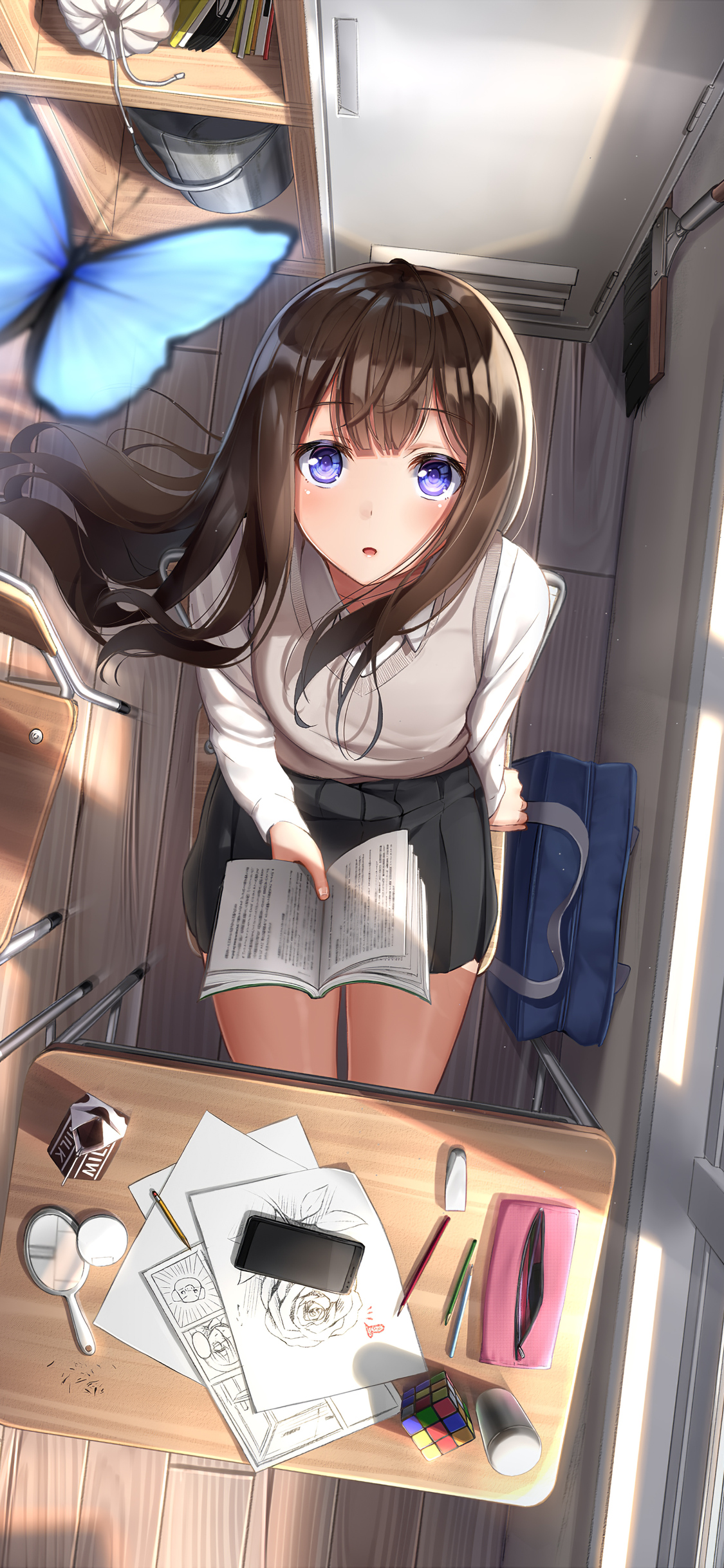 Anime Girl School Looking Upward Butterfly 4k iPhone XS, iPhone 10, iPhone X HD 4k Wallpaper, Image, Background, Photo and Picture