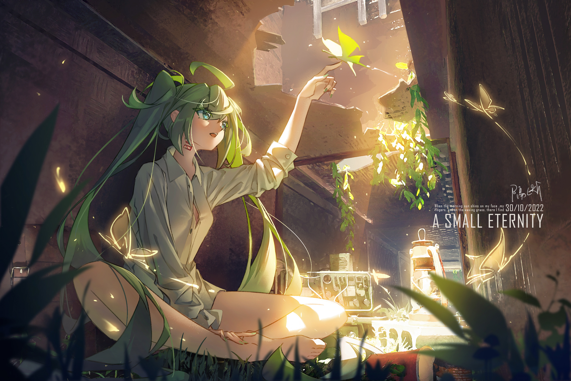 Wallpaper, anime girls, Hatsune Miku, Vocaloid, twintails, butterfly, leaves, long hair 2392x1600