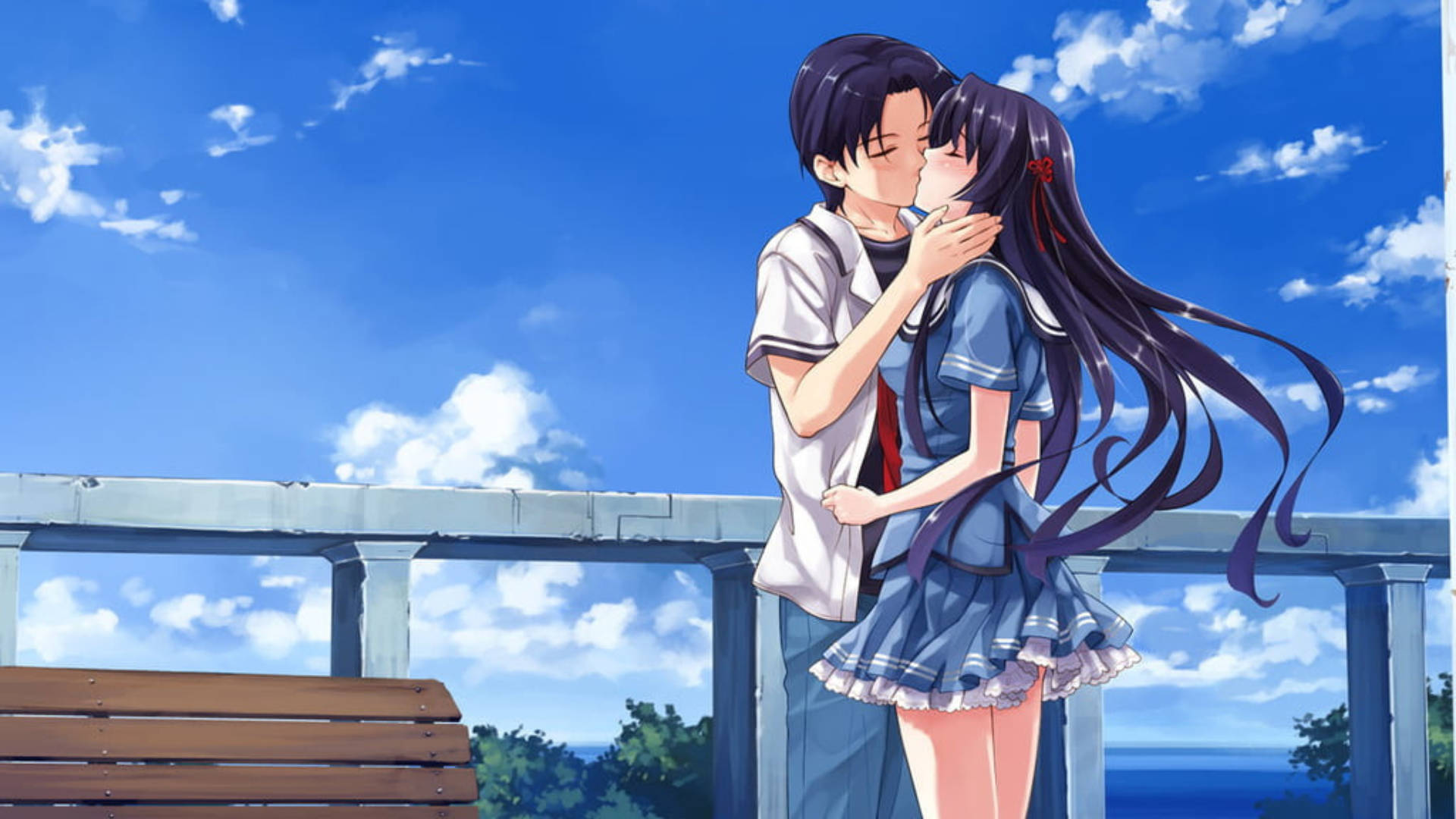 Download Anime Couple Kiss Scene On A Sunny Day Wallpaper