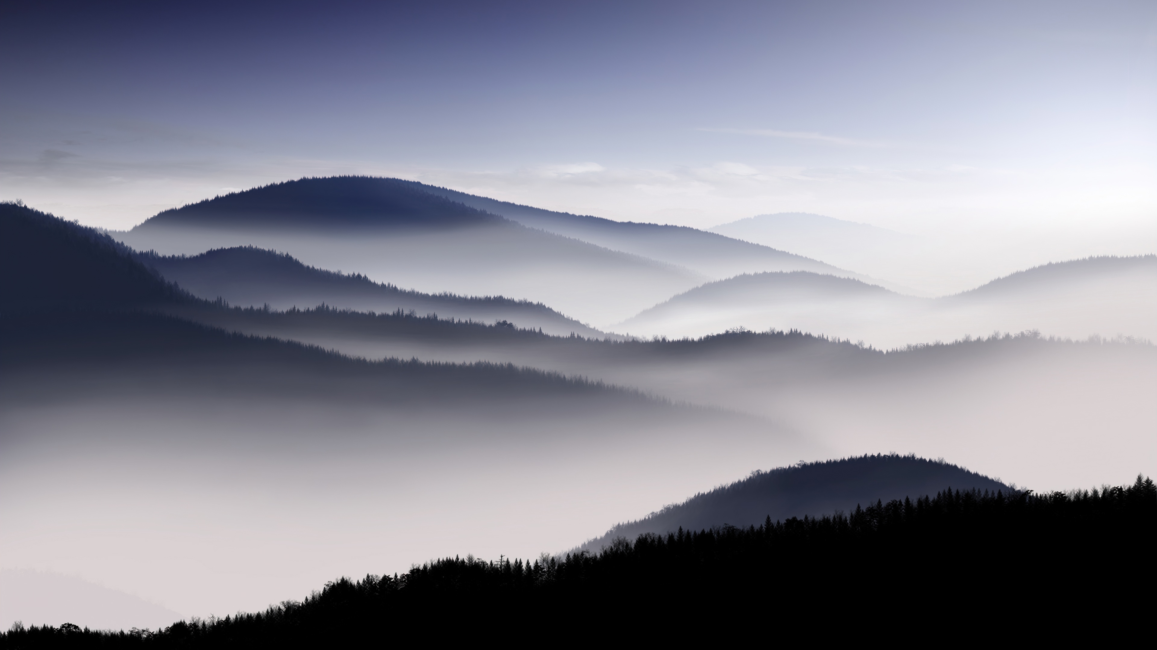 Mountains Wallpaper 4K, Foggy, Dawn