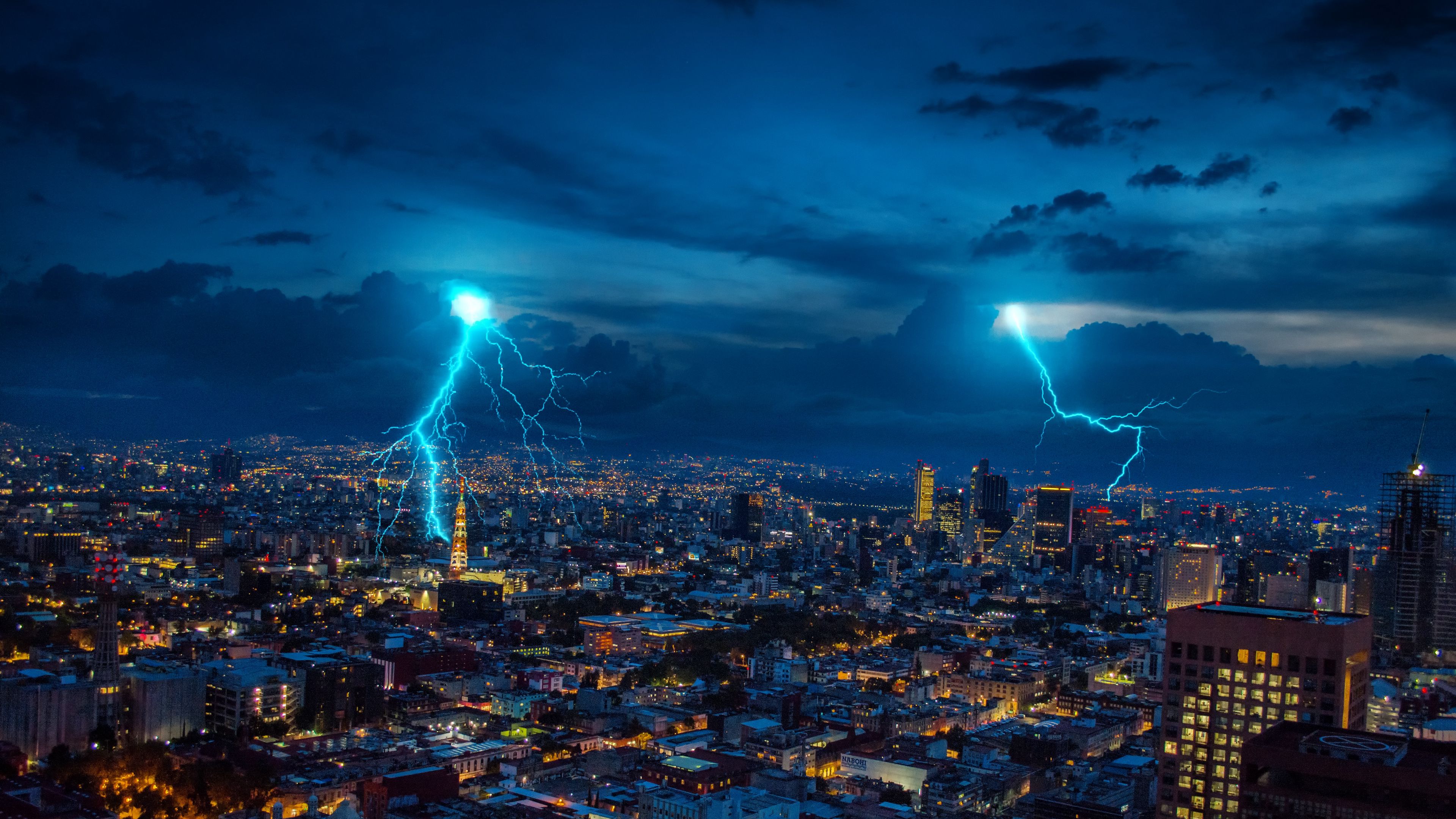 Download wallpaper 3840x2160 lightning, sparks, city, night, lights 4k uhd 16:9 HD background