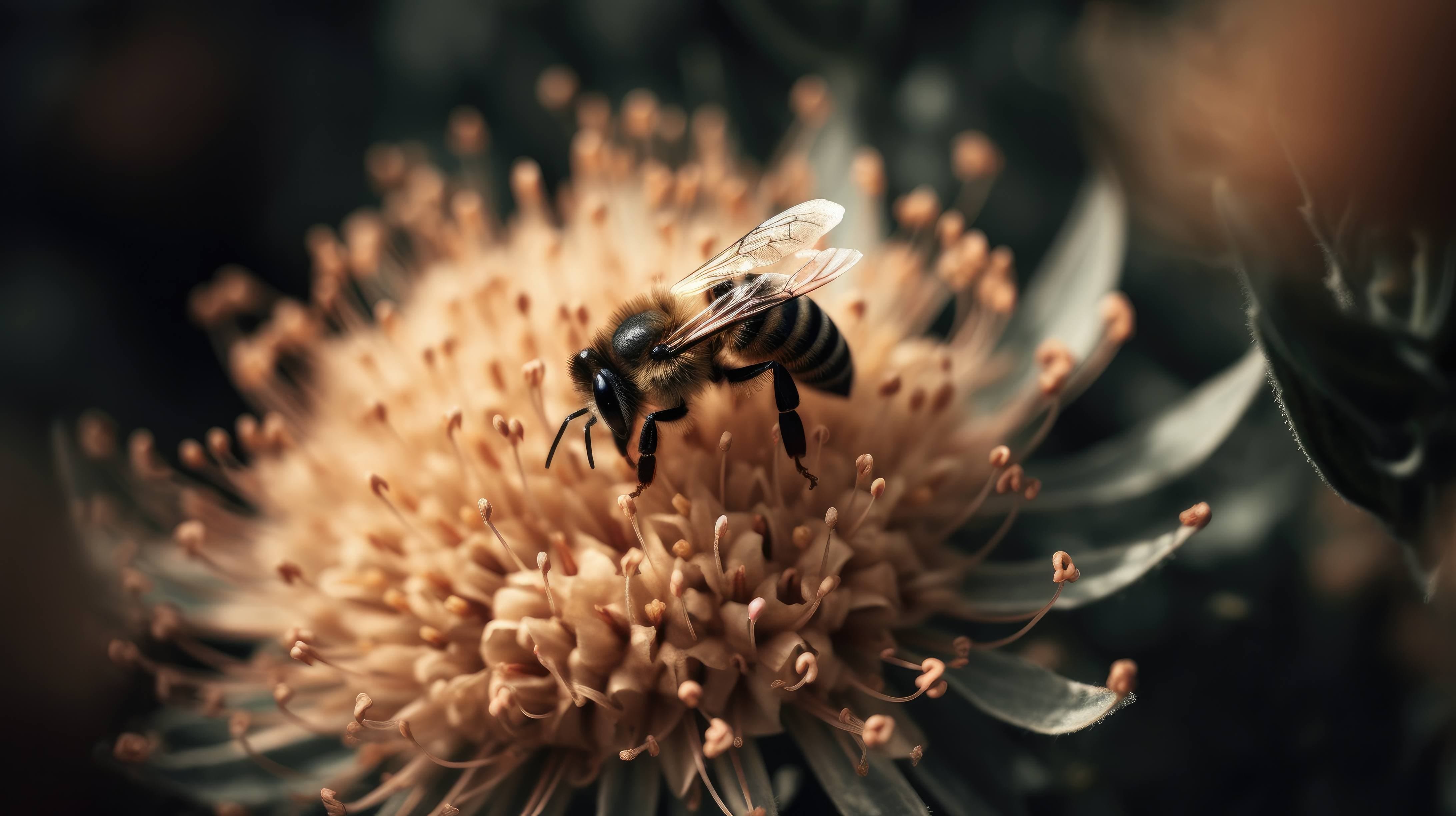 This desktop wallpaper showcases a macro shot of a bee pollinating a flower