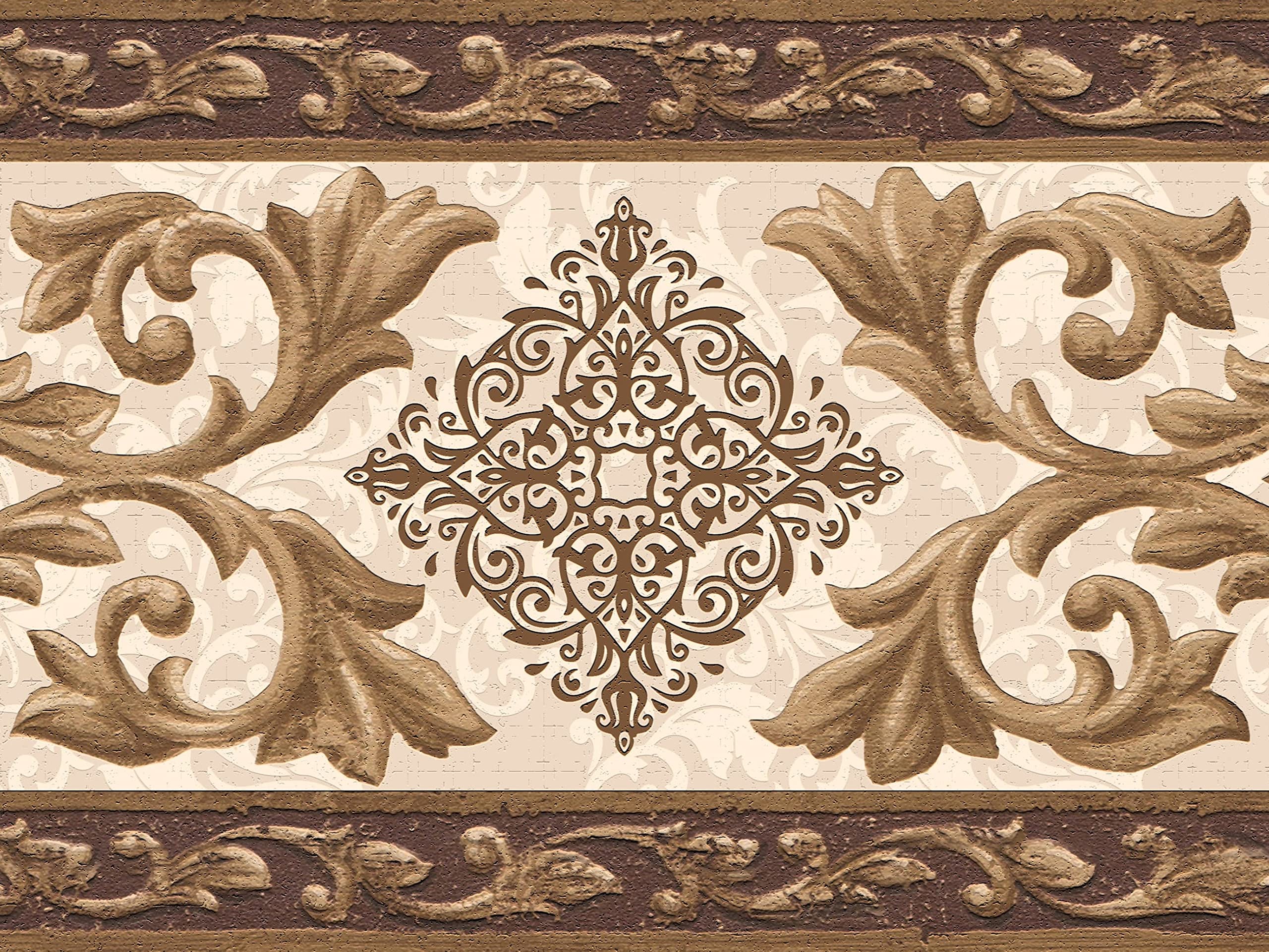 Dundee Deco DDAZBD9103 Peel and Stick Wallpaper Border Gold Brown Scrolls Wall Border Retro Design, 15 ft x 7 in (4.57m x 17.78cm), Self Adhesive