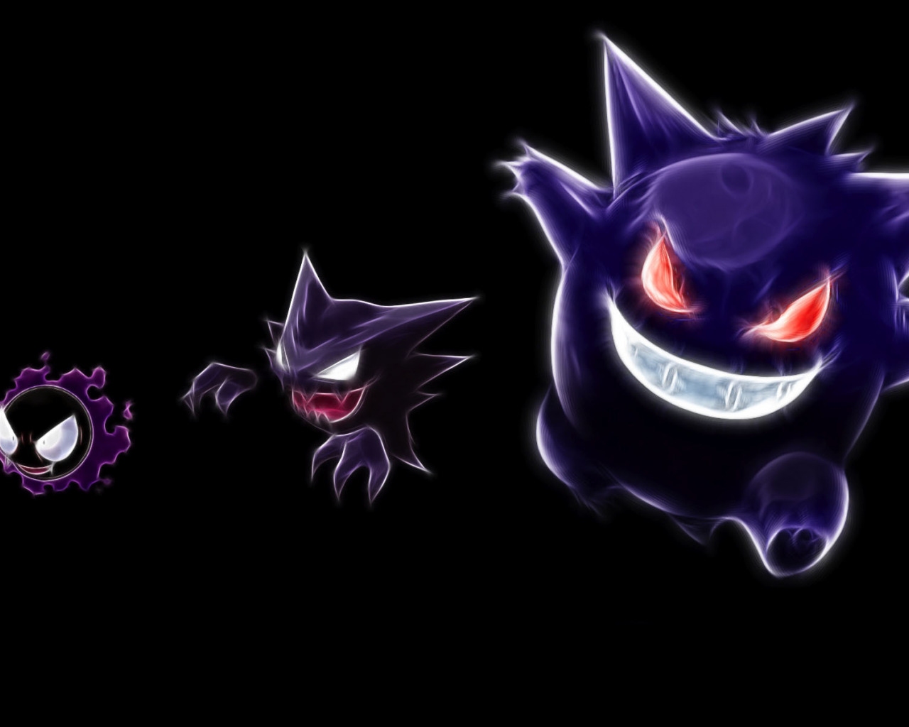 Download wallpaper haunter, pokemon, pokemon, gastly, neon lines, gengar, gengar, gastly, hunter, section other in resolution 1280x1024