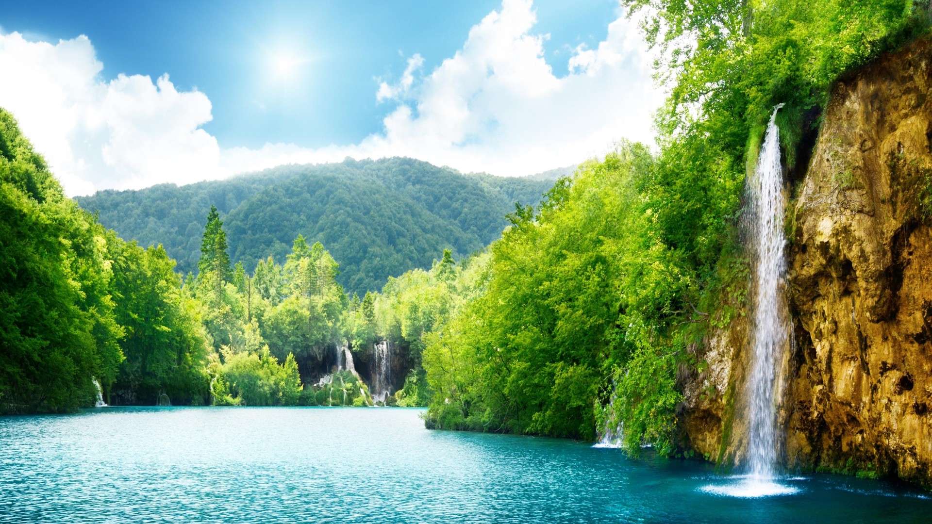Nature Waterfall Summer Lake Trees HD Wallpaper
