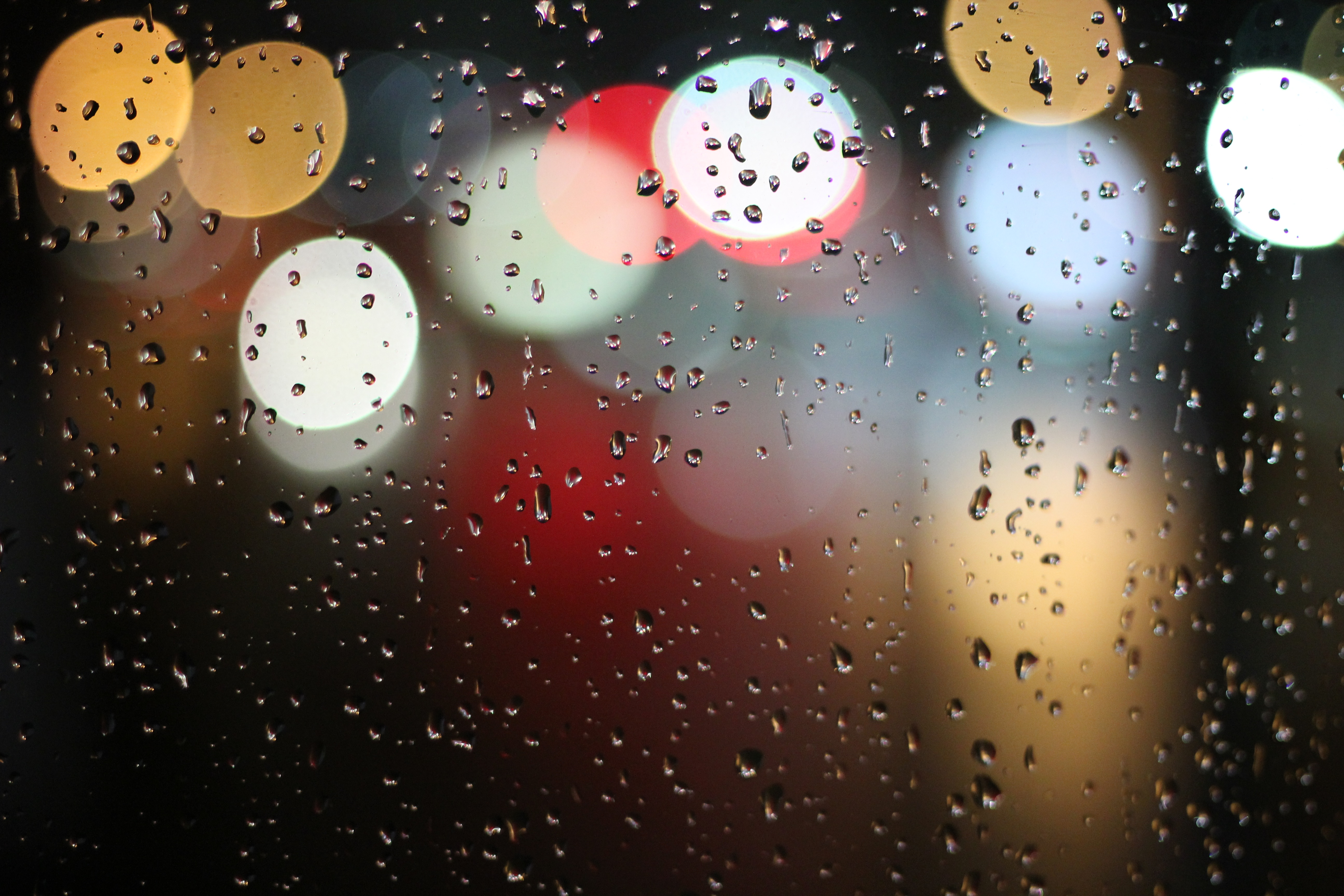 Free Image, blur, rain, window, colourful, colorful, circle, lights, raindrops, raining, shape, drops of water, computer wallpaper 5184x3456